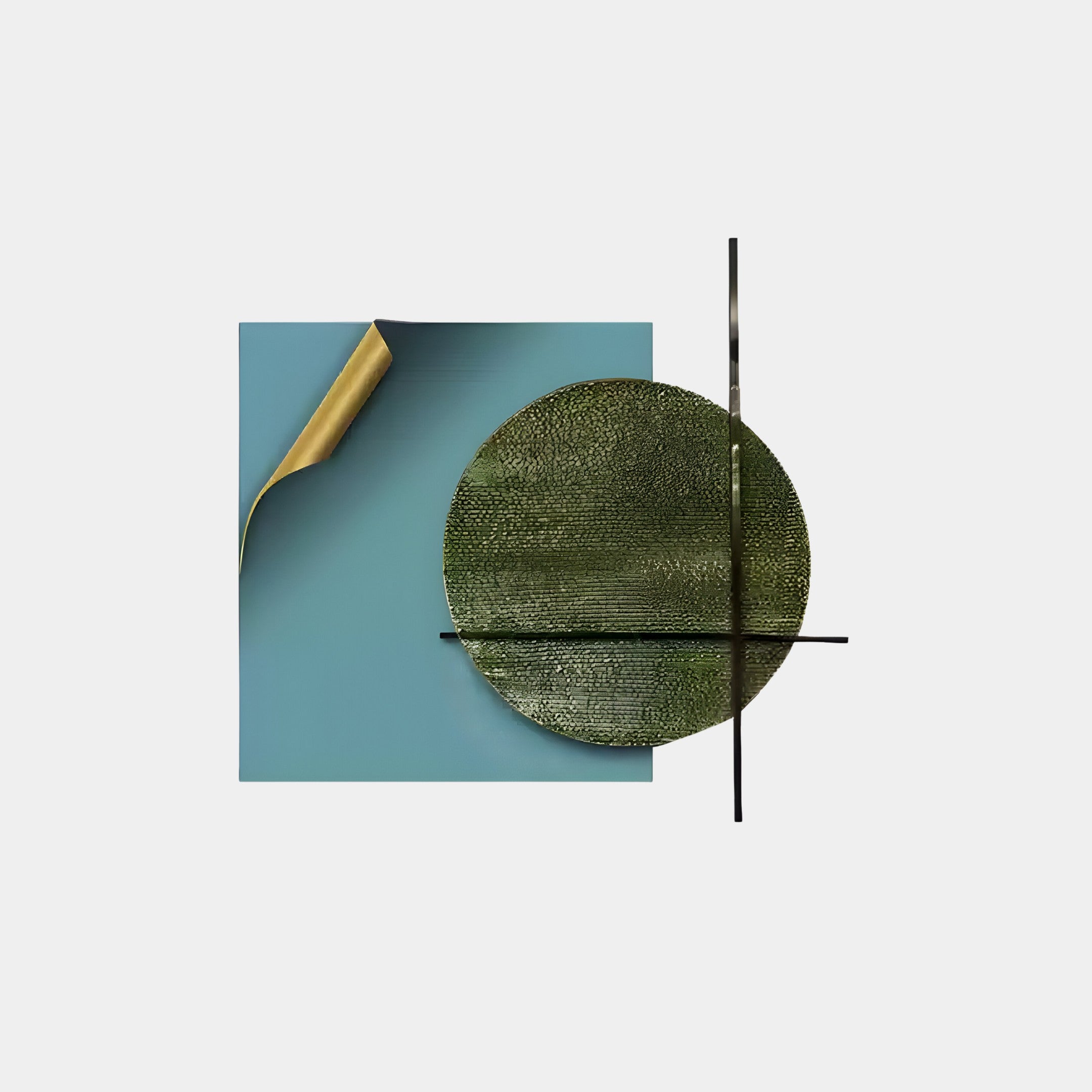 The Tesselle Blue Metal Fold & Green Textured Geometric Wall Art by Giant Sculptures showcases a teal square with a gold curled corner, textured green circular elements, and intersecting thin black rods on a light gray background. Ideal for modern interiors.