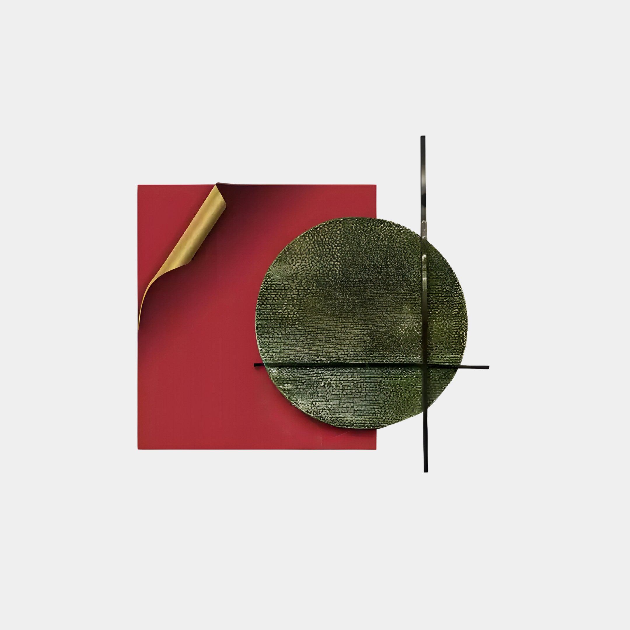 The Tesselle Red Metal Fold & Green Textured Geometric Wall Art by Giant Sculptures showcases a minimalist design with an abstract red square, a golden curl, and a textured green circle intersected by thin black lines on a light gray background.