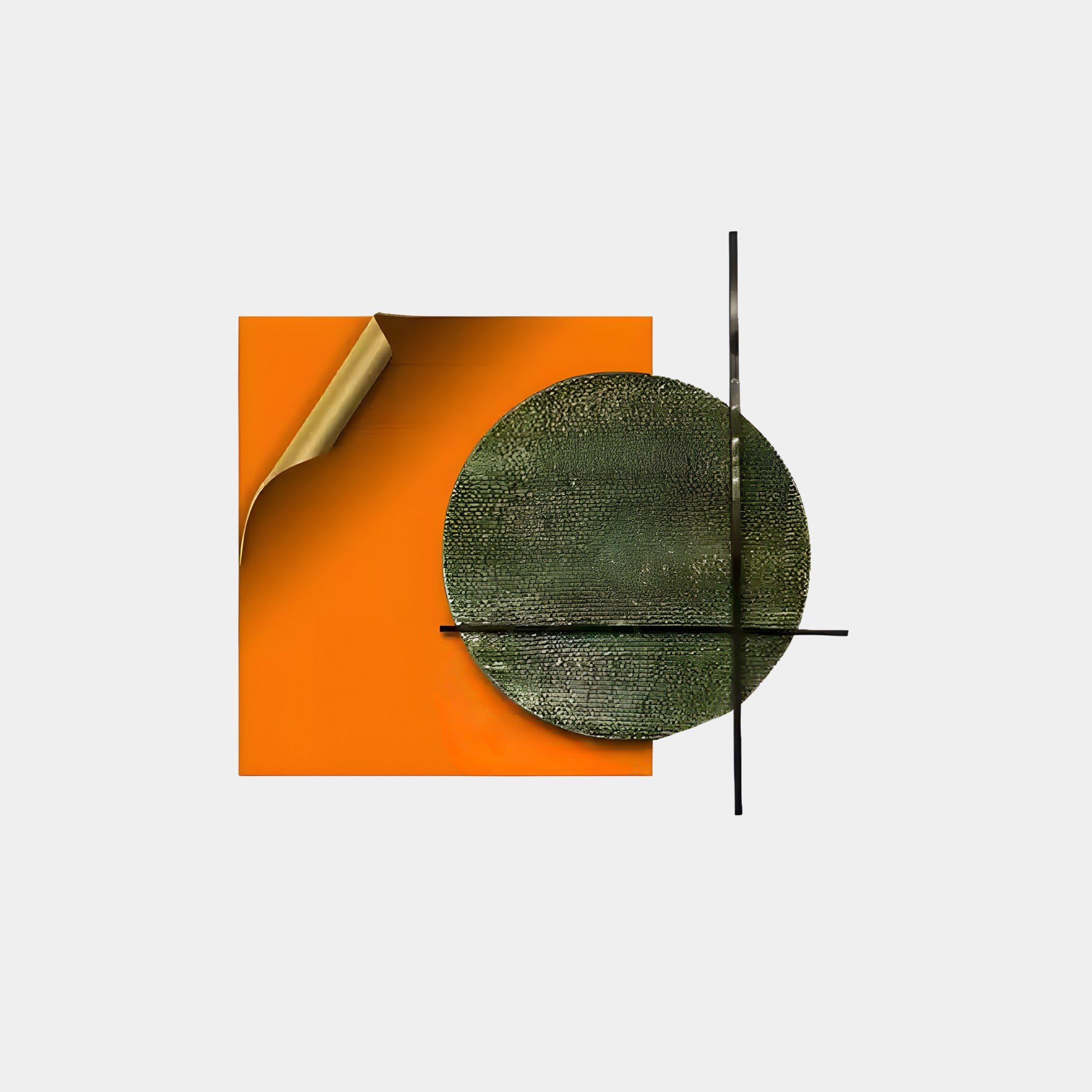 Giant Sculptures Tesselle Orange Metal Fold & Green Textured Geometric Wall Art features an abstract composition with bold colors: an orange square with a gold-rolled corner, textured green circle, and intersecting thin black lines on a light background.