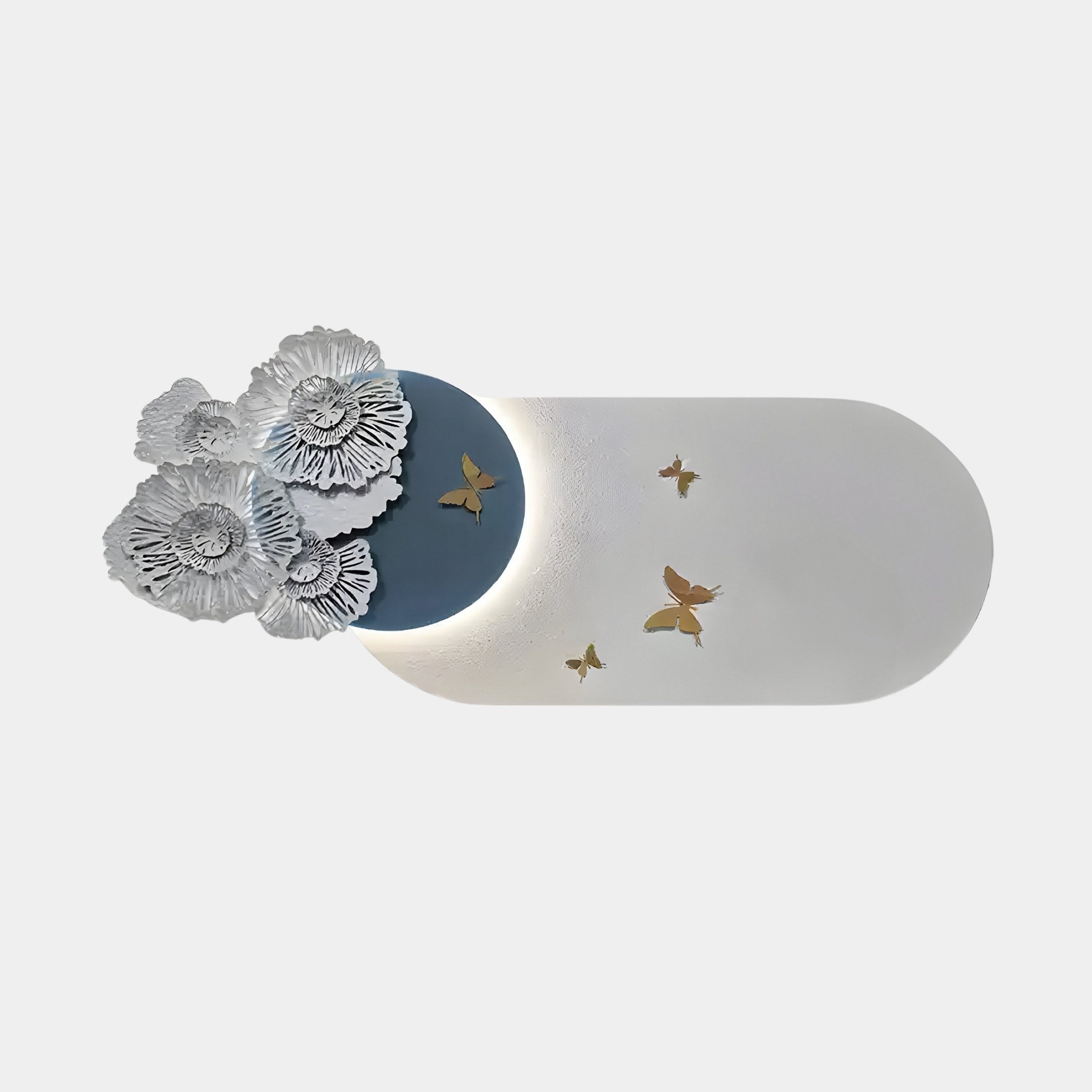 The Flutter Bloom Blue Butterfly Floral 3D Wall Art by Giant Sculptures features a semi-oval design with intricate white floral accents on the left, gold and blue butterflies scattered on a light gray background.