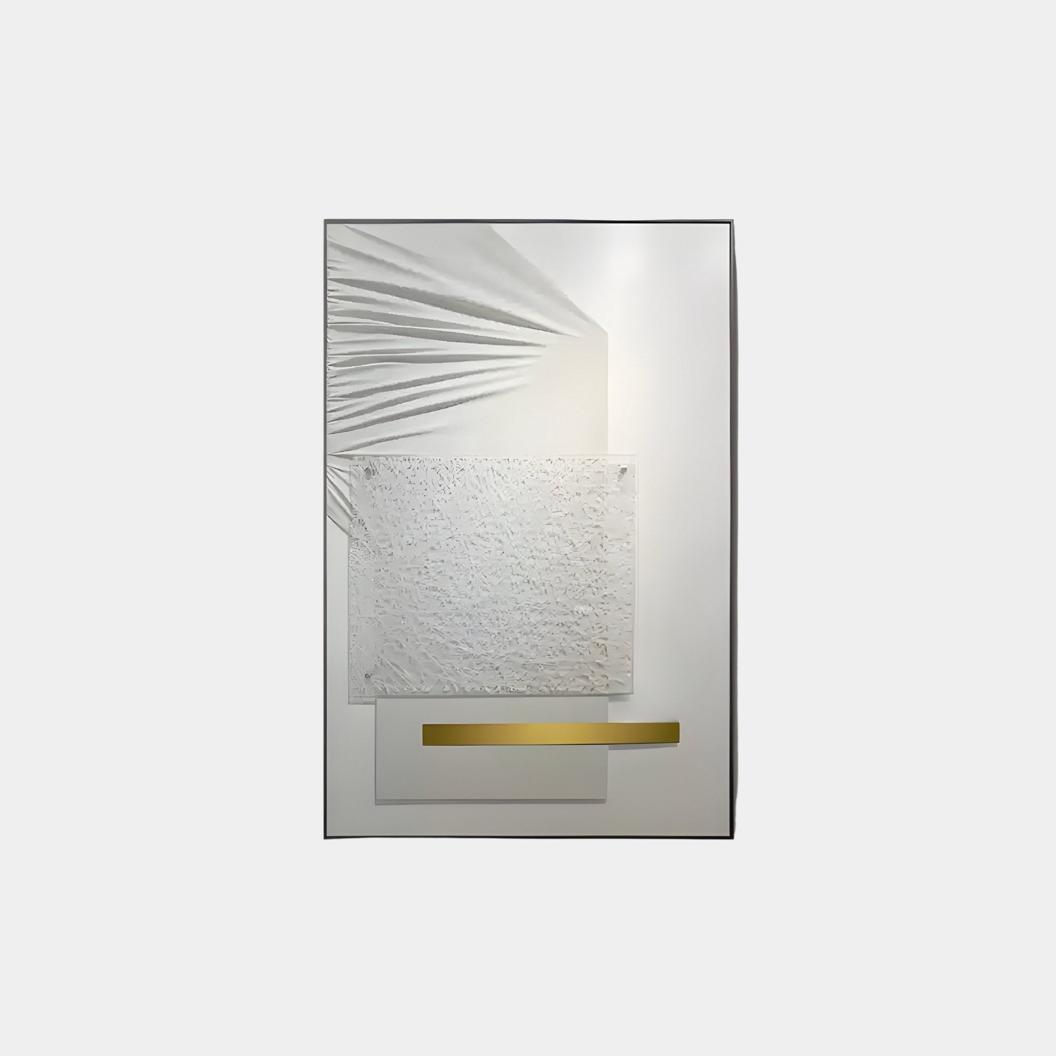 The Opus White & Gold Accent Clean Geometric Leather 3D Wall Art by Giant Sculptures features a central white textured square with a gold line below on a light gray background, complemented by a pleated fan-like pattern from the top left.