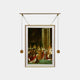 The Aristo Coronation Painting Gold Frame Hanging Wall Art by Giant Sculptures hangs on the wall, depicting a historical scene with elaborately dressed figures. Set indoors with columns and a green backdrop, it suggests a ceremonial or regal event.