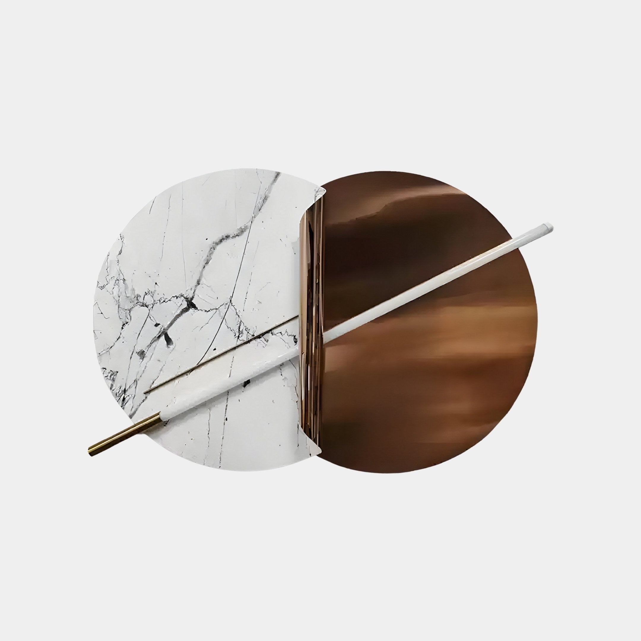 Giant Sculptures Lunaris White Marble & Bronze LED Wall Art is ideal for contemporary décor, with overlapping circles: the left circle has white marble with black veins, and the right features a bronze finish, intersected by a gold-accented white rod.