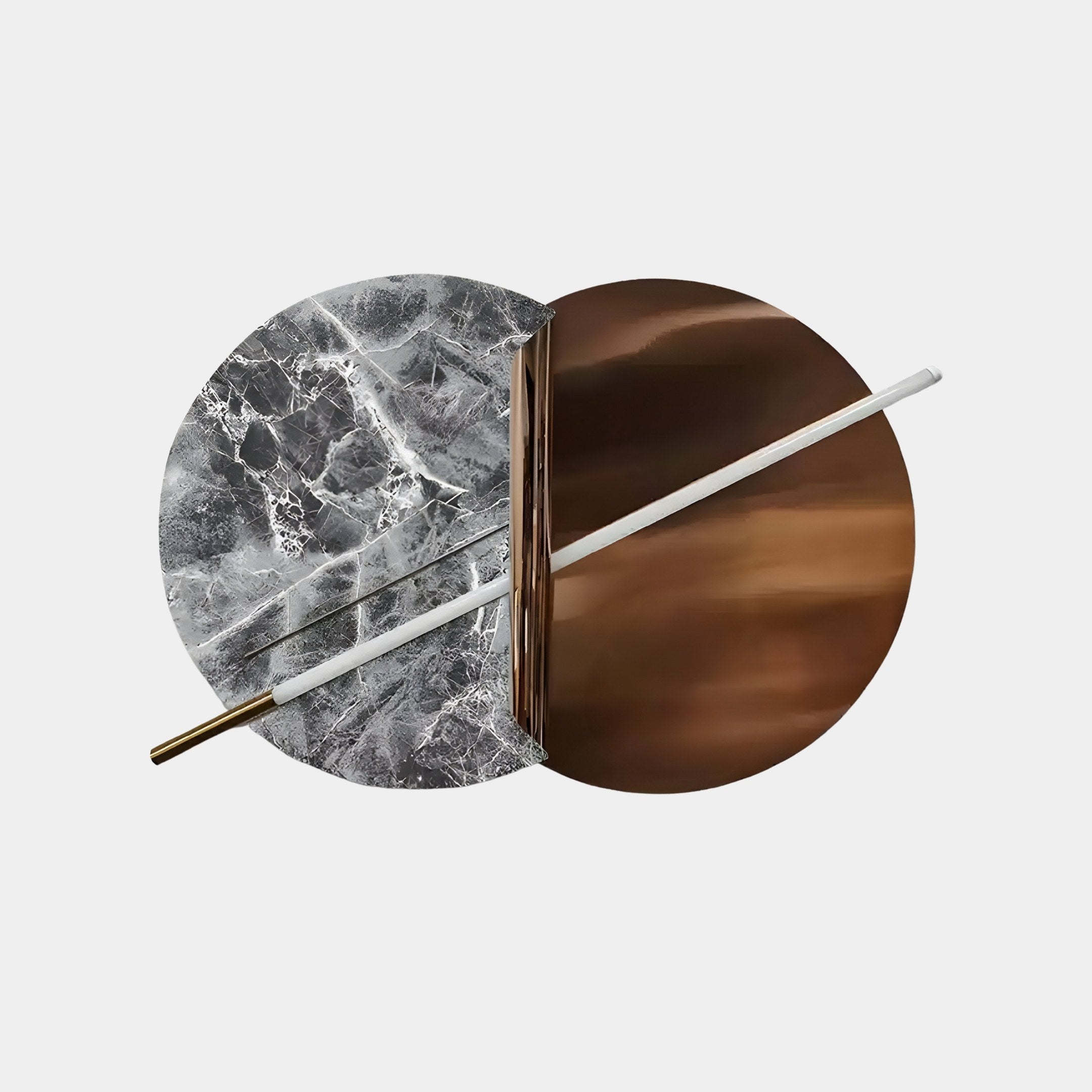 The Lunaris Grey Marble & Bronze LED Wall Art by Giant Sculptures features two overlapping circles in grey marble and bronze finishes, intersected by a vertical gold-rimmed book and a thin white rod, creating an elegant focal point.