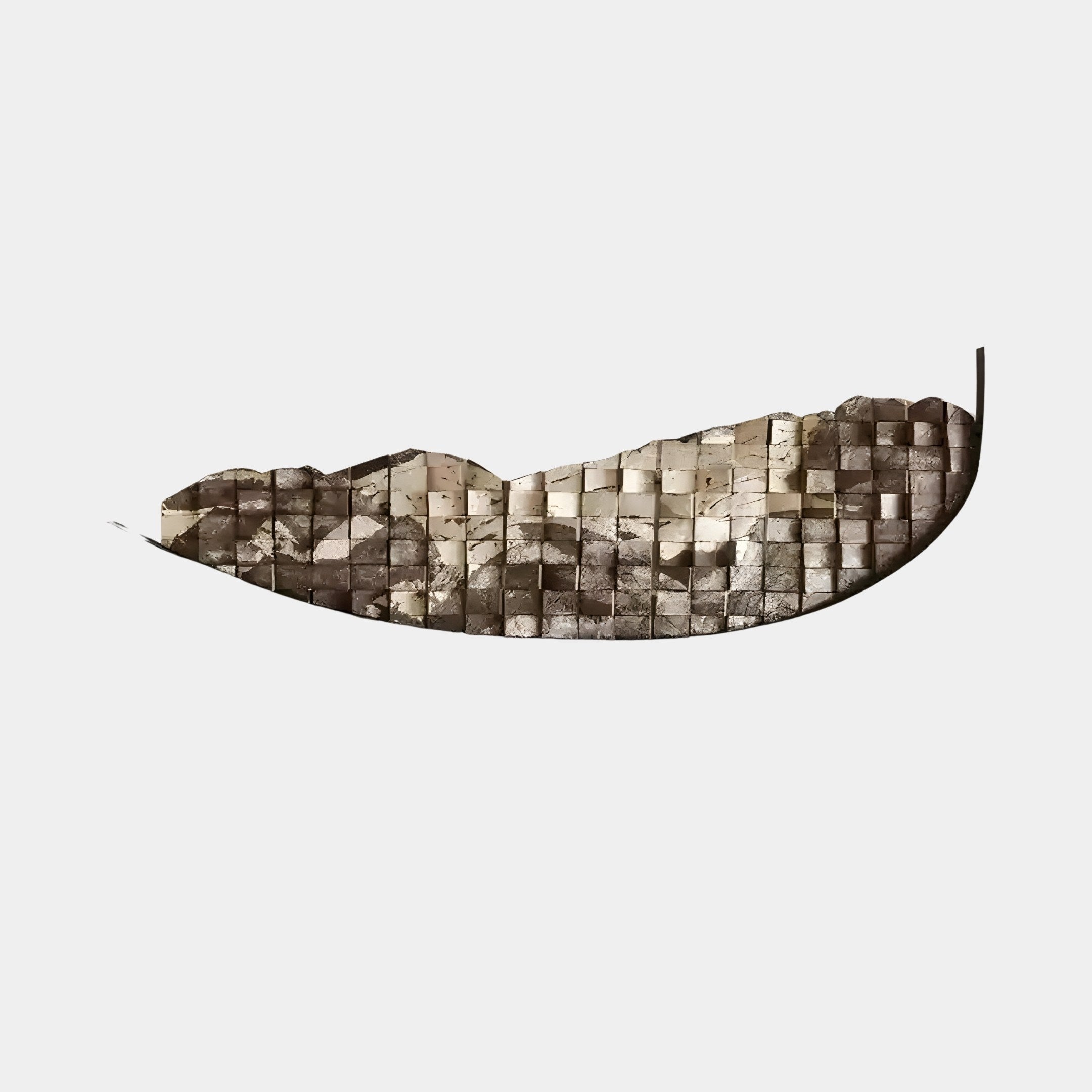 The Arcana Metallic Earth Textured Mosaic Half-Moon 3D Wall Art by Giant Sculptures showcases numerous small square tiles, each featuring a textured rocky, mountainous landscape. These tiles create a 3D curved design of connected peaks on a plain white background.