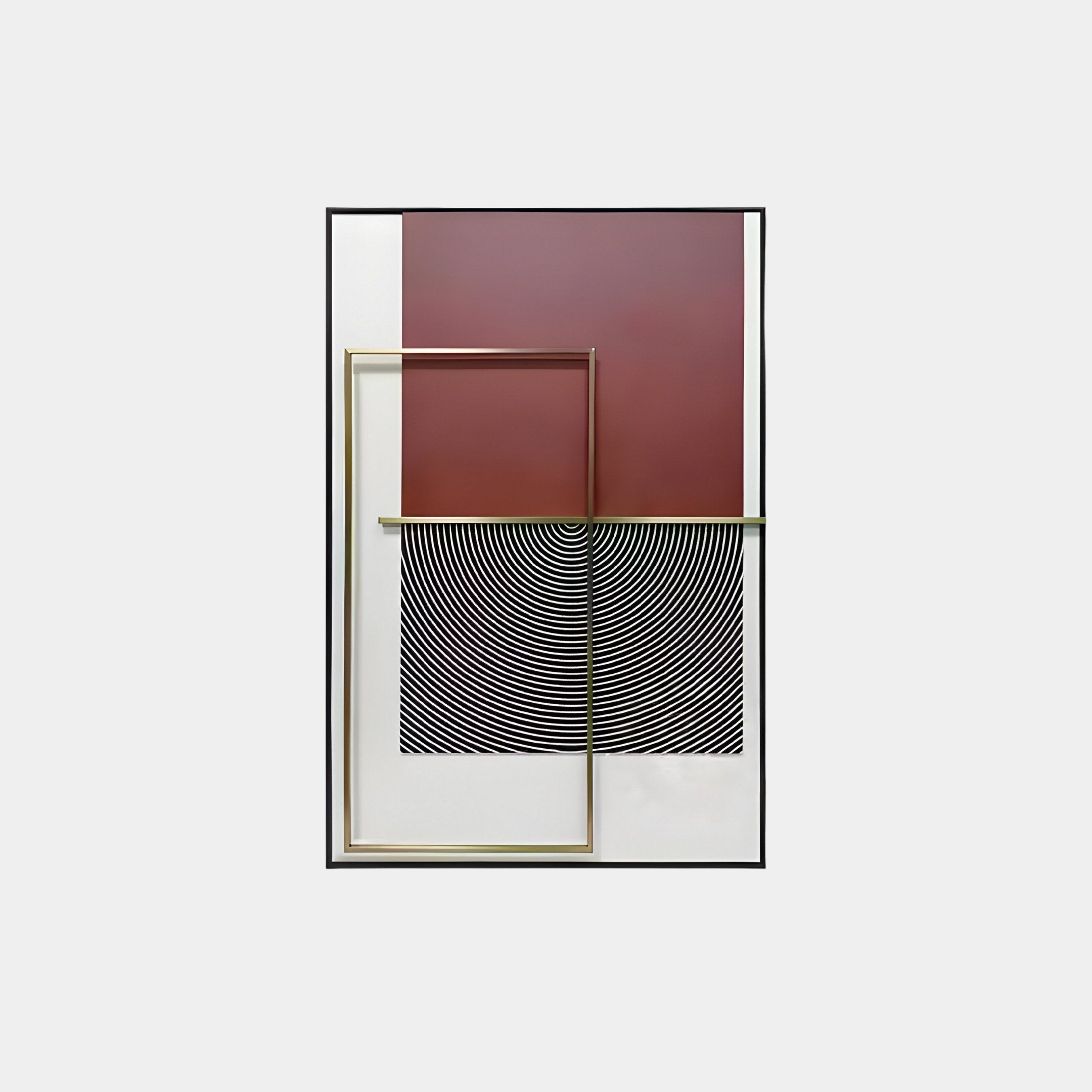 The Optique Spiral Black & Red Rectangular Wall Art by Giant Sculptures features abstract geometric shapes, a maroon rectangle, and a metallic frame. It showcases a black and white spiral pattern that overlaps artfully, creating a layered modern masterpiece.