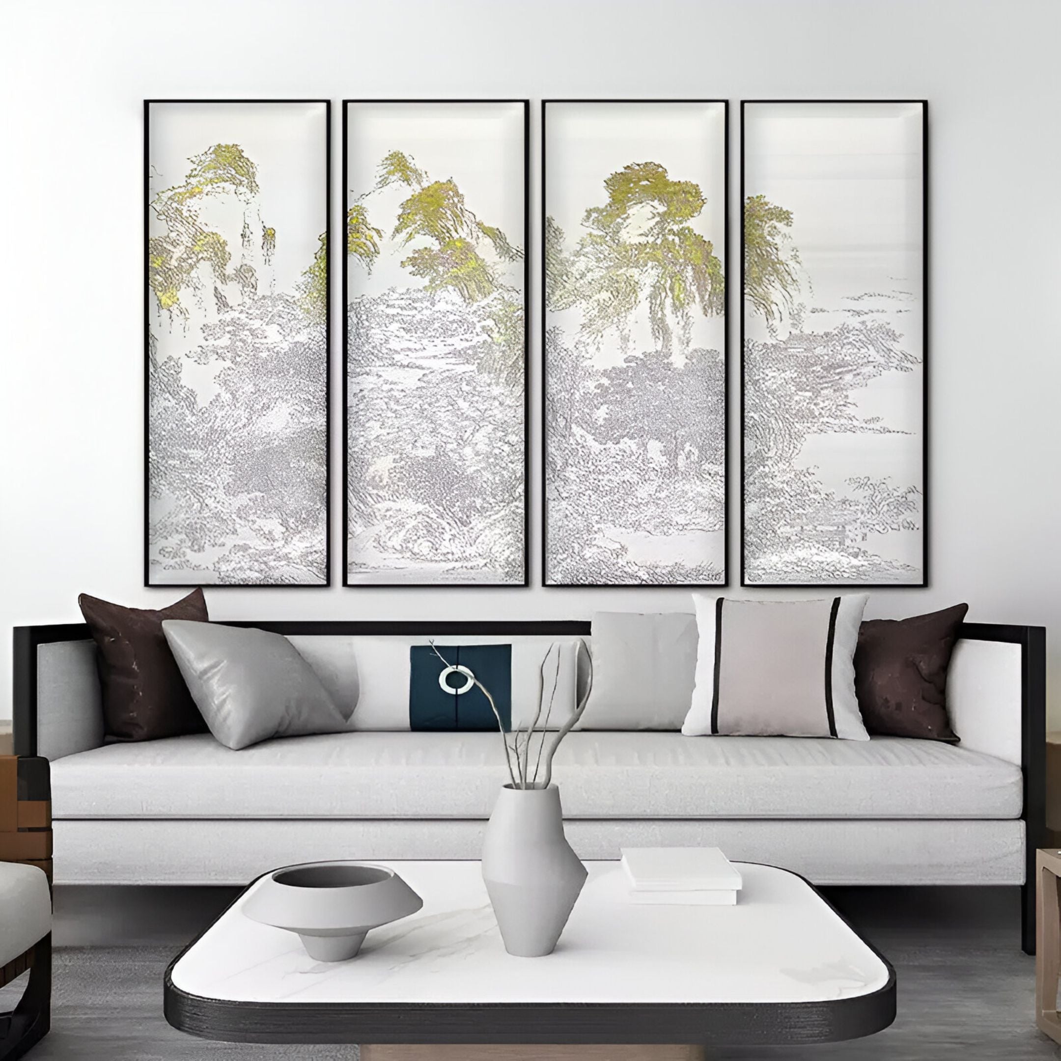 Contemporary living room showcasing a four-panel wall art piece with golden foliage and intricate silver landscapes.