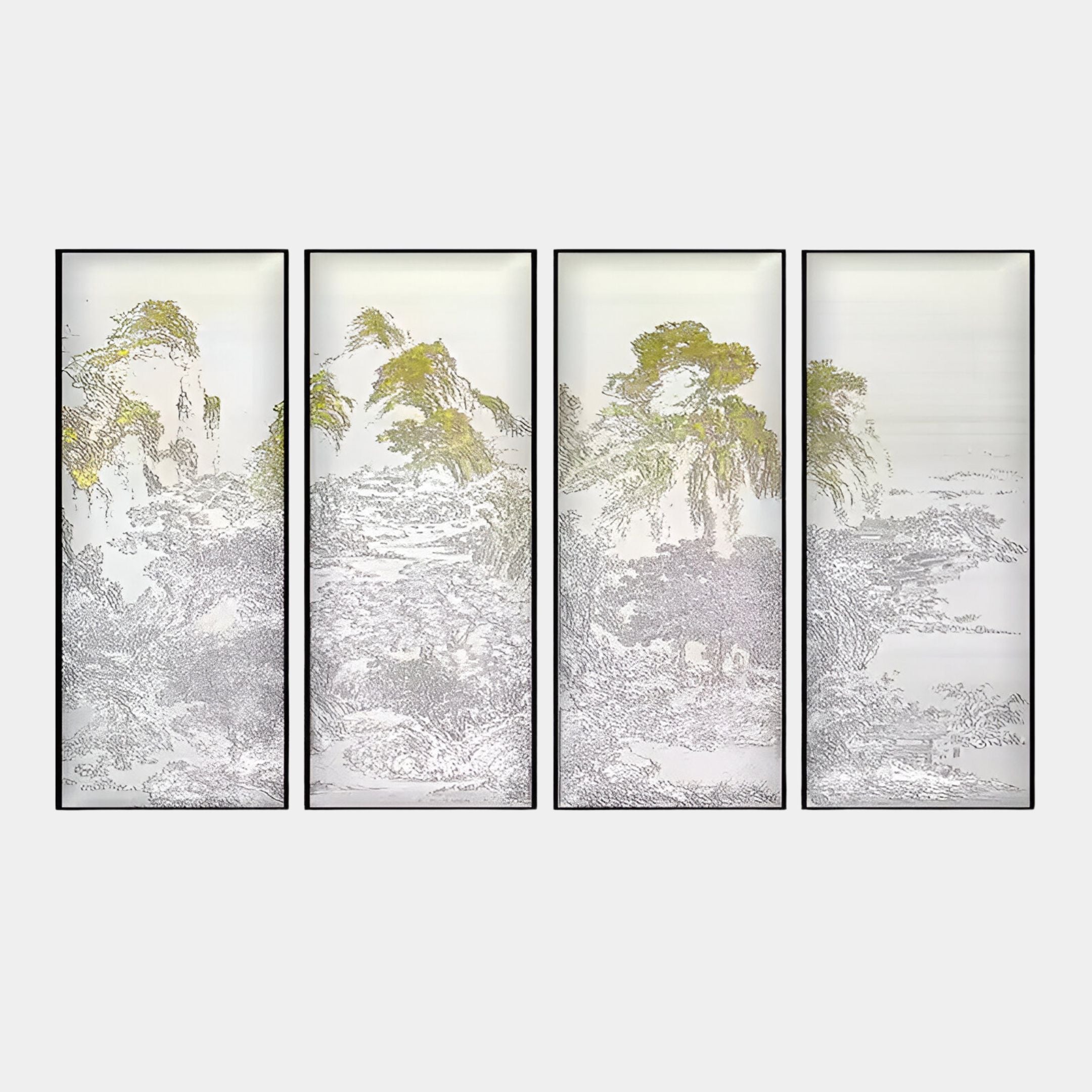 Four-panel decorative wall art featuring serene Chinese landscape designs with golden and silver embossed textures.