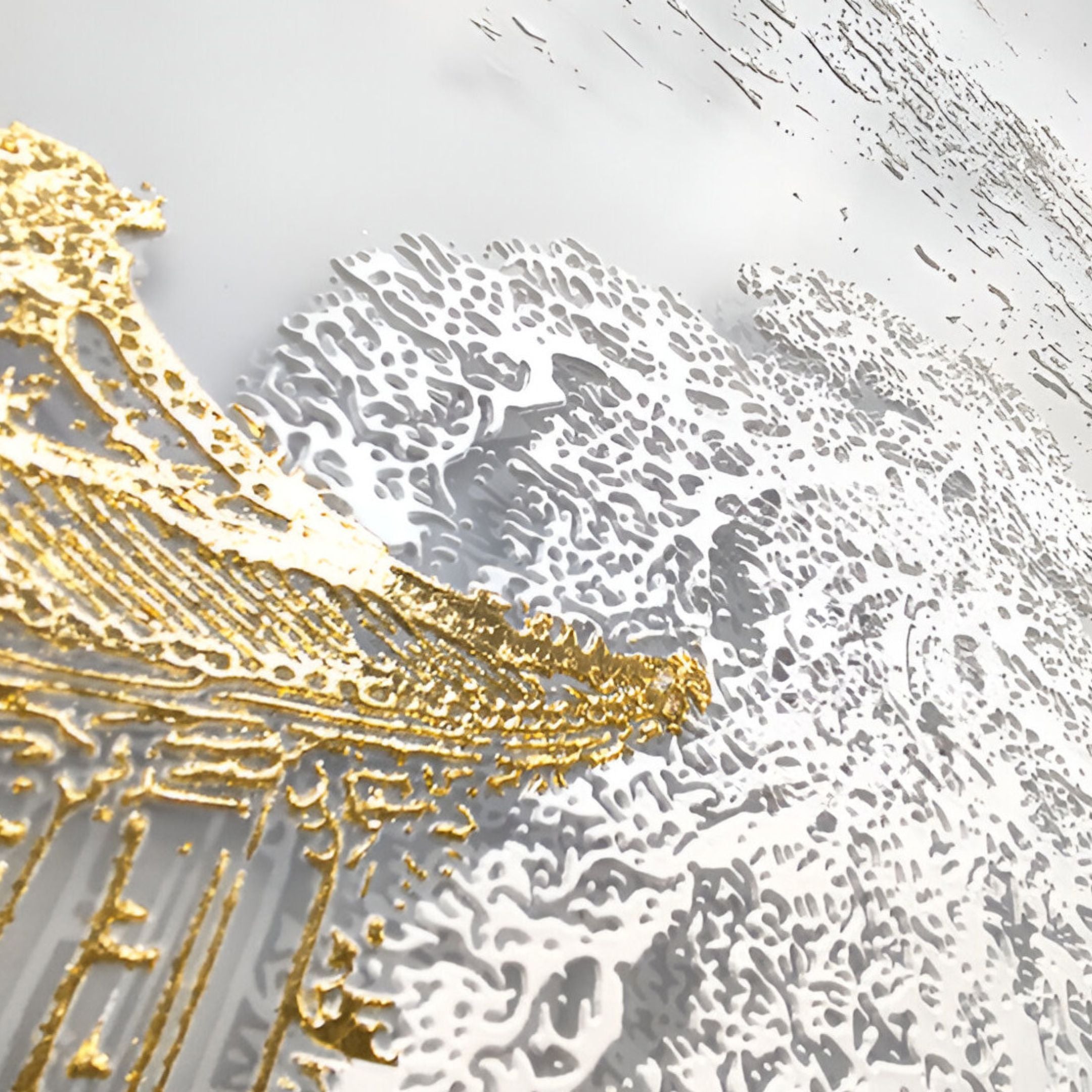 Macro view of gold detailing against textured silver surfaces on a Chinese-inspired wall panel, showcasing refined artistry.