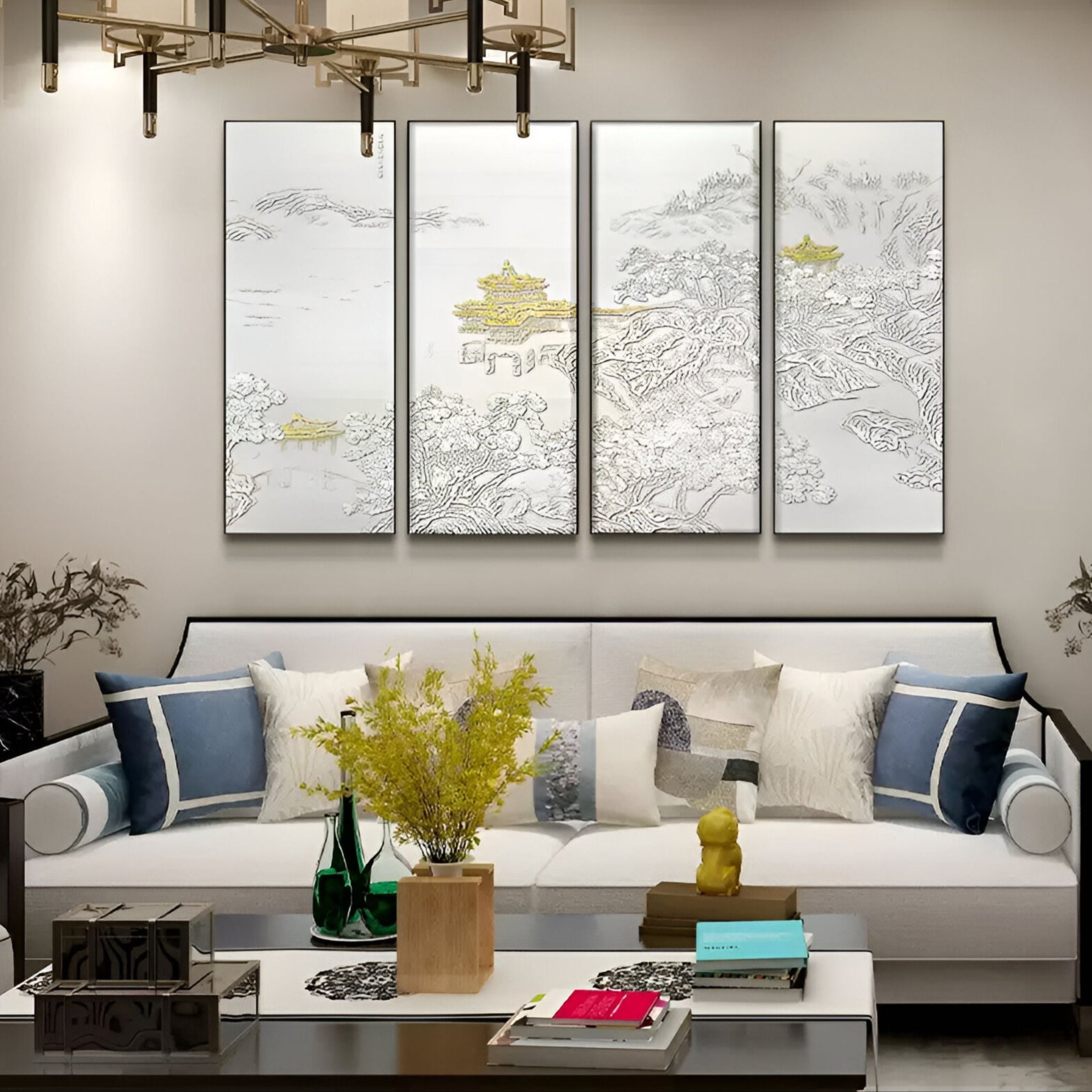 Sophisticated interior setup with four-panel wall art depicting golden temples amidst silver embossed landscapes.