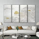 Elegant living room with a four-panel decorative art piece showcasing a serene Chinese landscape in gold and silver tones.