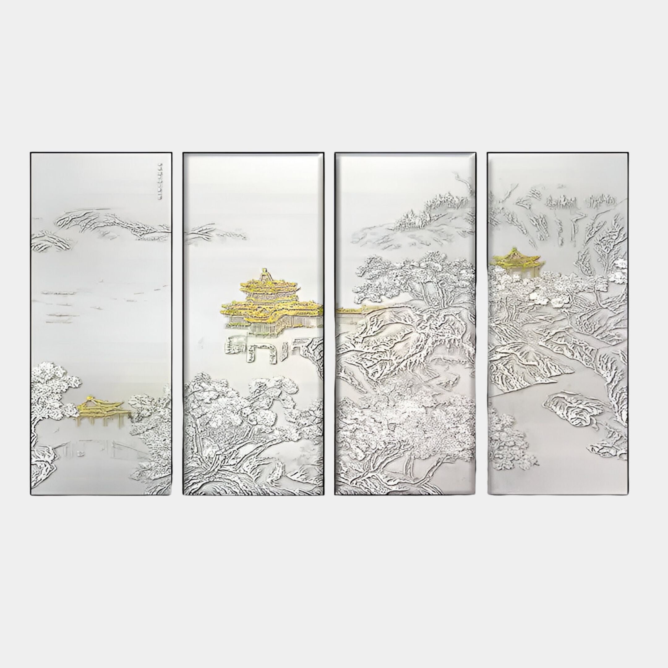 Four-panel wall art featuring intricate Chinese landscape designs with golden temple accents and textured silver details.