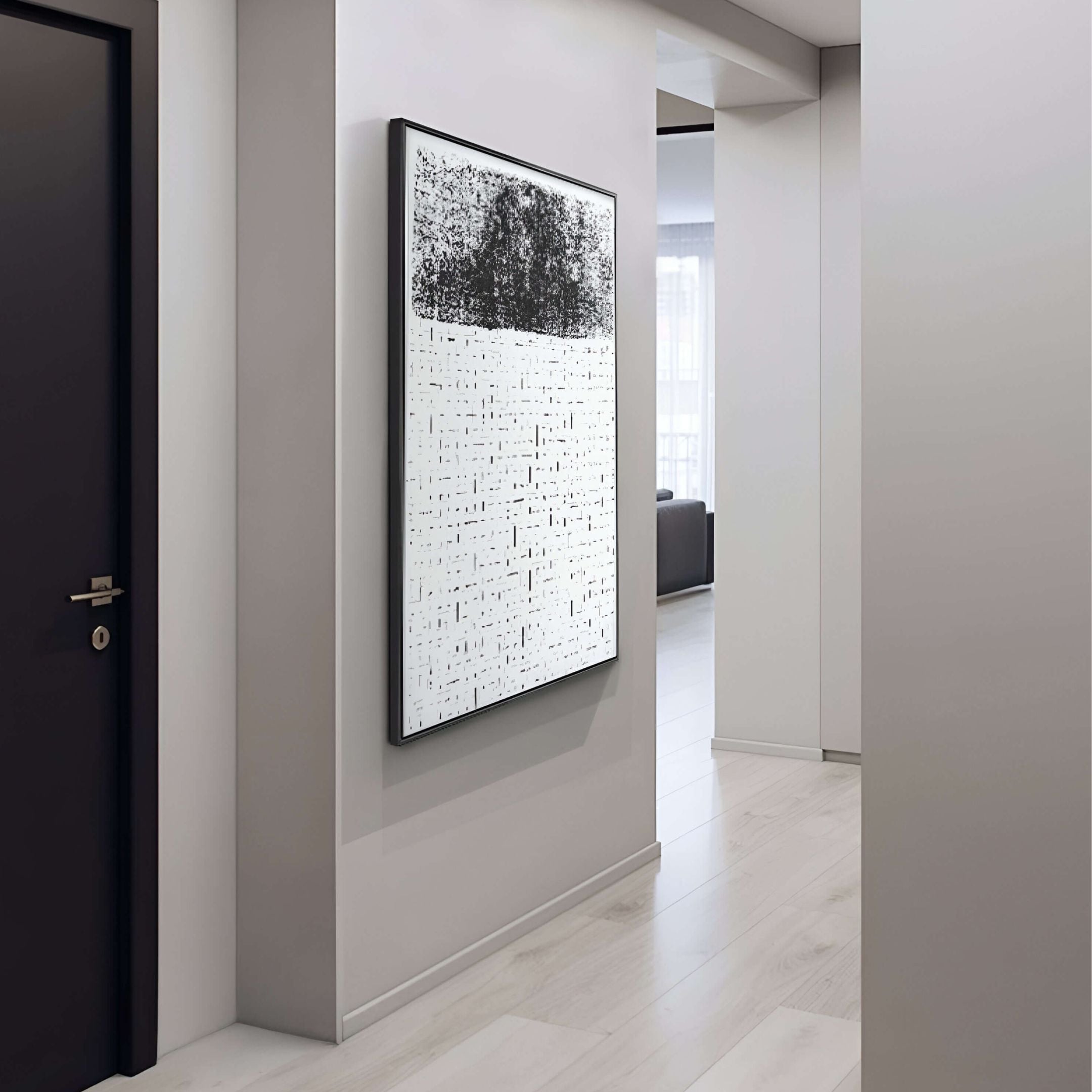 Vertical Silk Art panel showcasing monochromatic texture and contrast in a hallway.