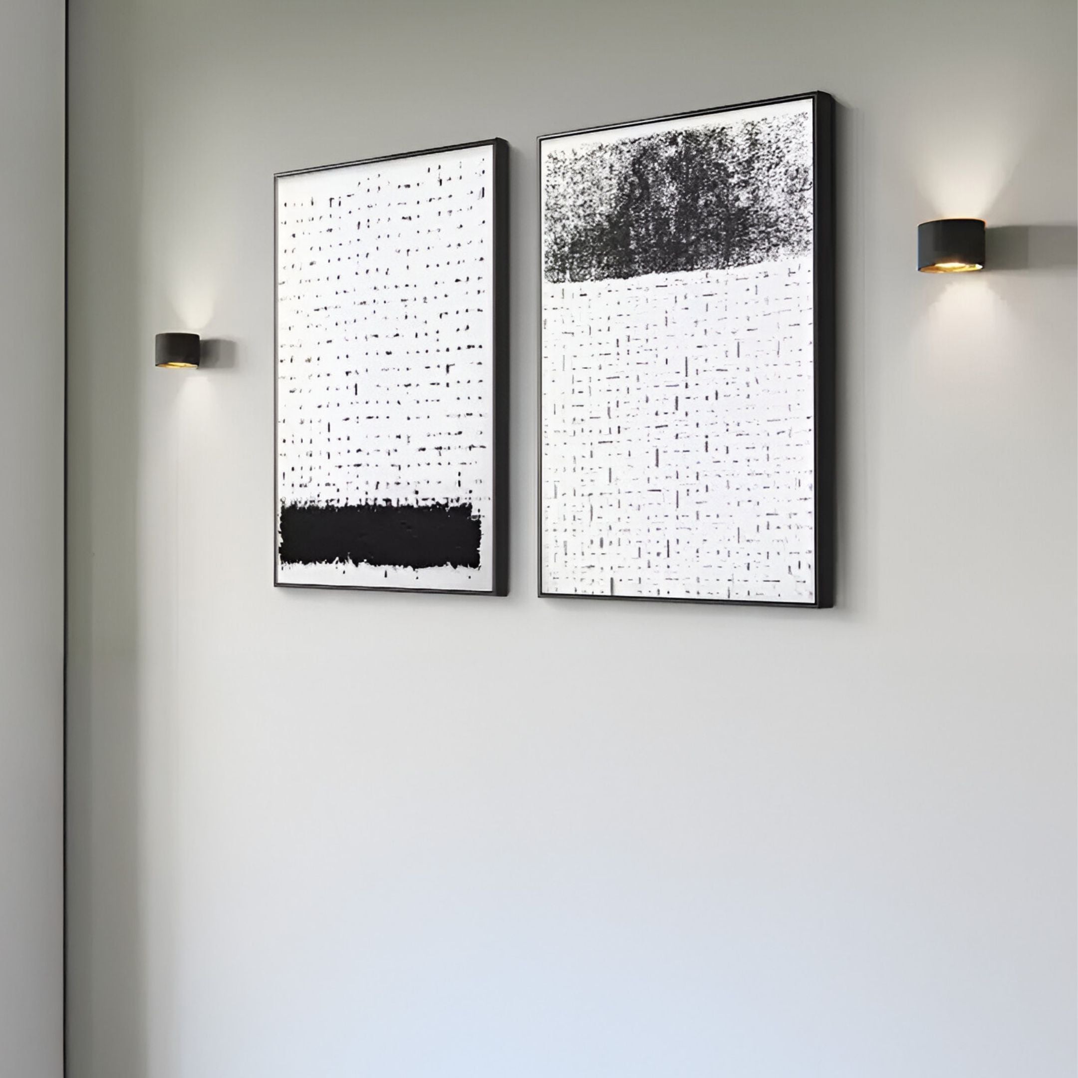 Textured black and white Silk Art panel in a sleek black frame, ideal for modern interiors.