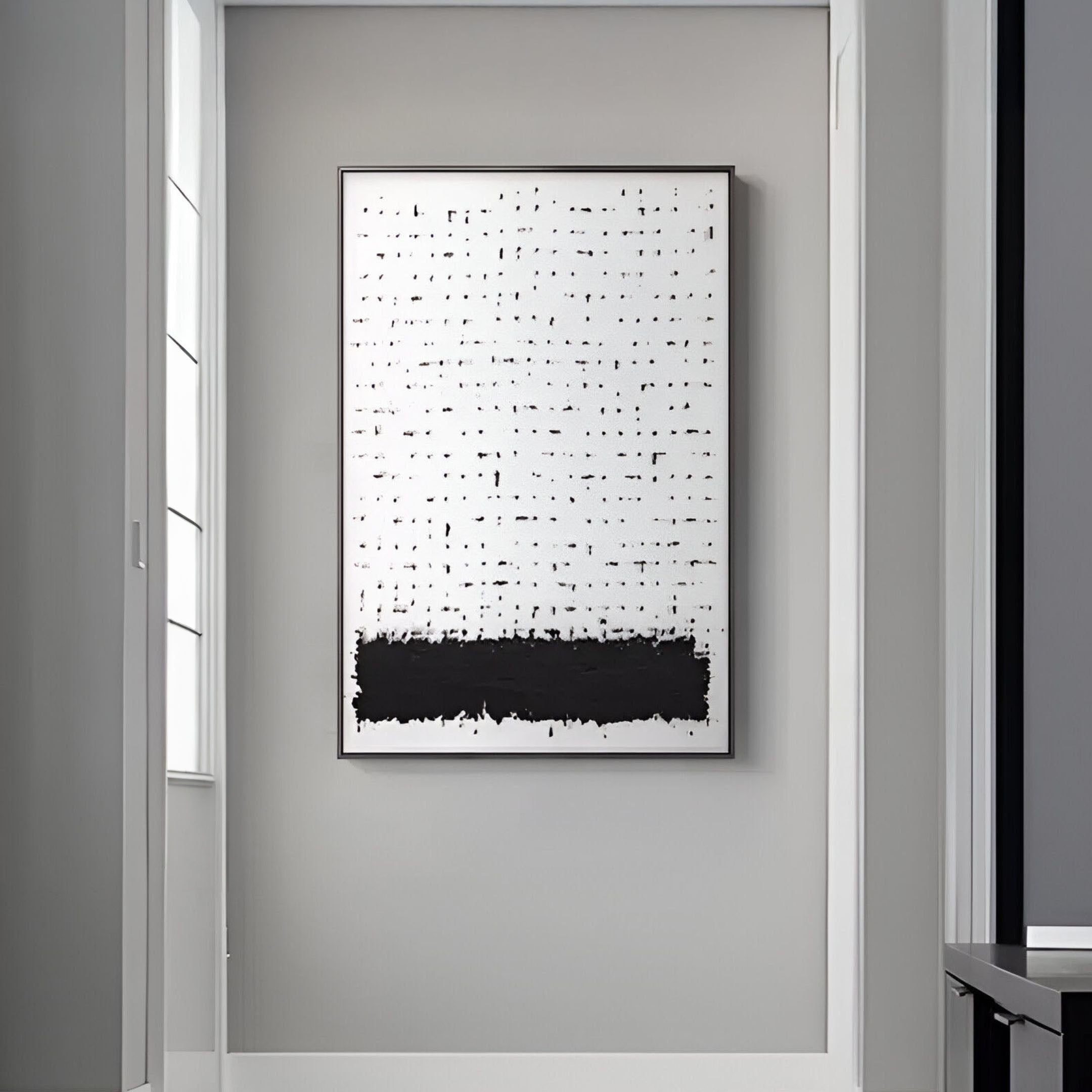 Bold black and white Silk Art wall decor featuring layered brushstroke textures and linear patterns.