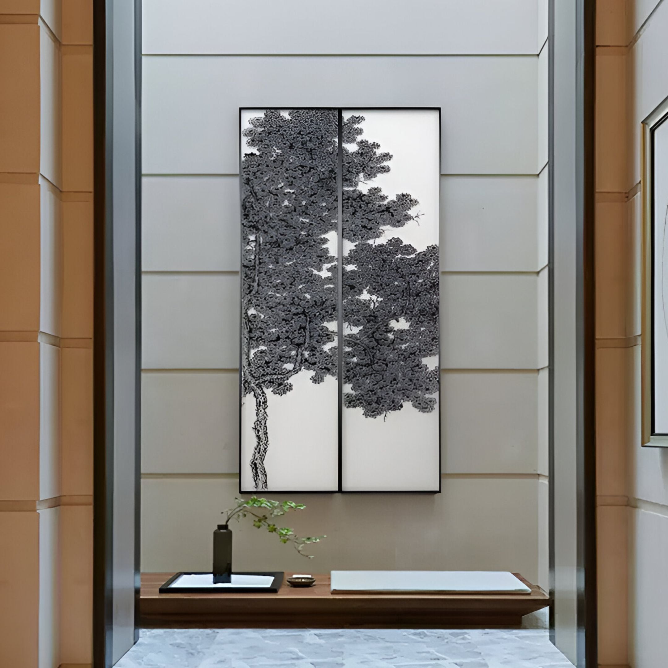 Two-panel minimalist Silk Art wall decor with a monochromatic tree design, enhancing hallway aesthetics.