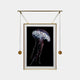 The Glacia Jellyfish Crystal Hanging Framed Wall Art by Giant Sculptures features a framed photograph of a jellyfish with long tentacles against a black background. It hangs from a horizontal bar with two counterweights, showcasing marine-inspired design.