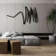 A modern living room radiates sophistication with a sleek gray couch and white pillows, complemented by Giant Sculptures Oscura Dynamic Flow Black Abstract Metal Wall Art. Wooden cube coffee tables and a tall potted plant enhance its elegance on a sleek hardwood floor.