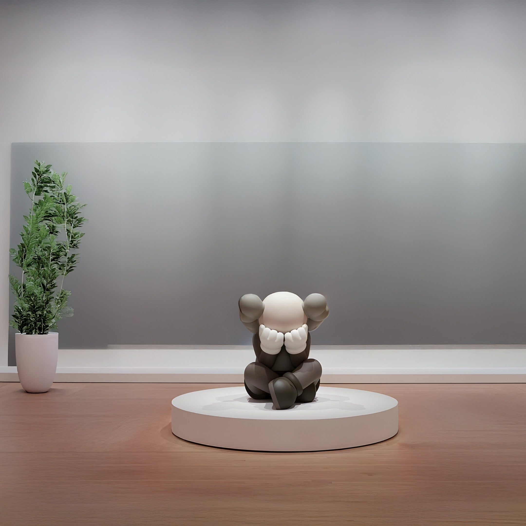 In a minimalist gallery, the 92cm Hazelnut Brown Iconify Sorrow Sculpture by Giant Sculptures—a modern depiction of a seated figure with a hidden face—sits introspectively on a round platform amid light wood floors, white walls, and a potted plant in the corner.