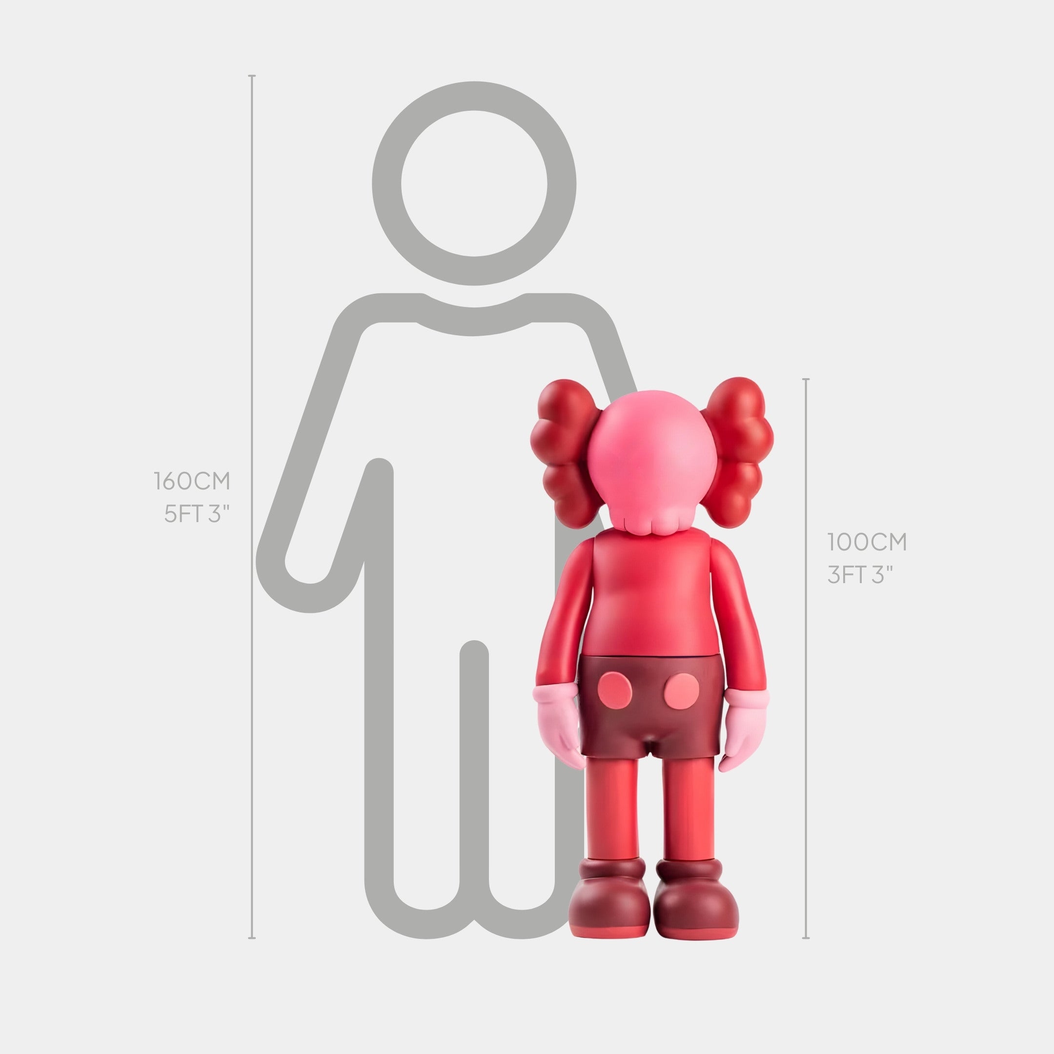 The Giant Sculptures brand offers a 100 cm Blush Ruby Iconify Standing Sculpture, showcased beside a gray outline of a person who is 160 cm tall, embodying modern artistry and contemporary form.