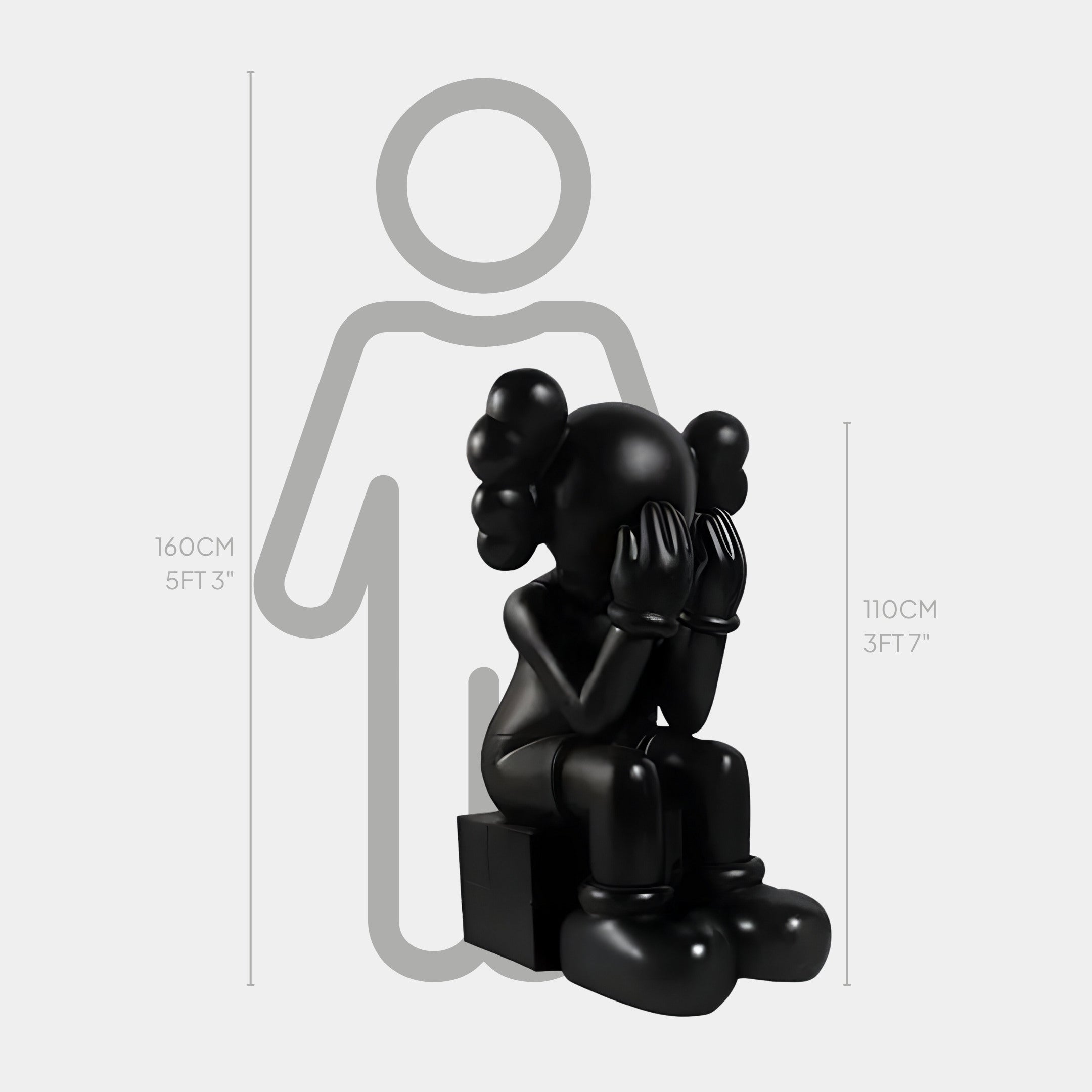 The Midnight Black Iconify Melancholy Sitting Sculpture by Giant Sculptures is a 110 cm tall artwork featuring a figure with cartoon-like features covering its face, exuding a melancholic aura. Perfect as contemporary art decor, it stands against an average person silhouette measuring 160 cm for scale.