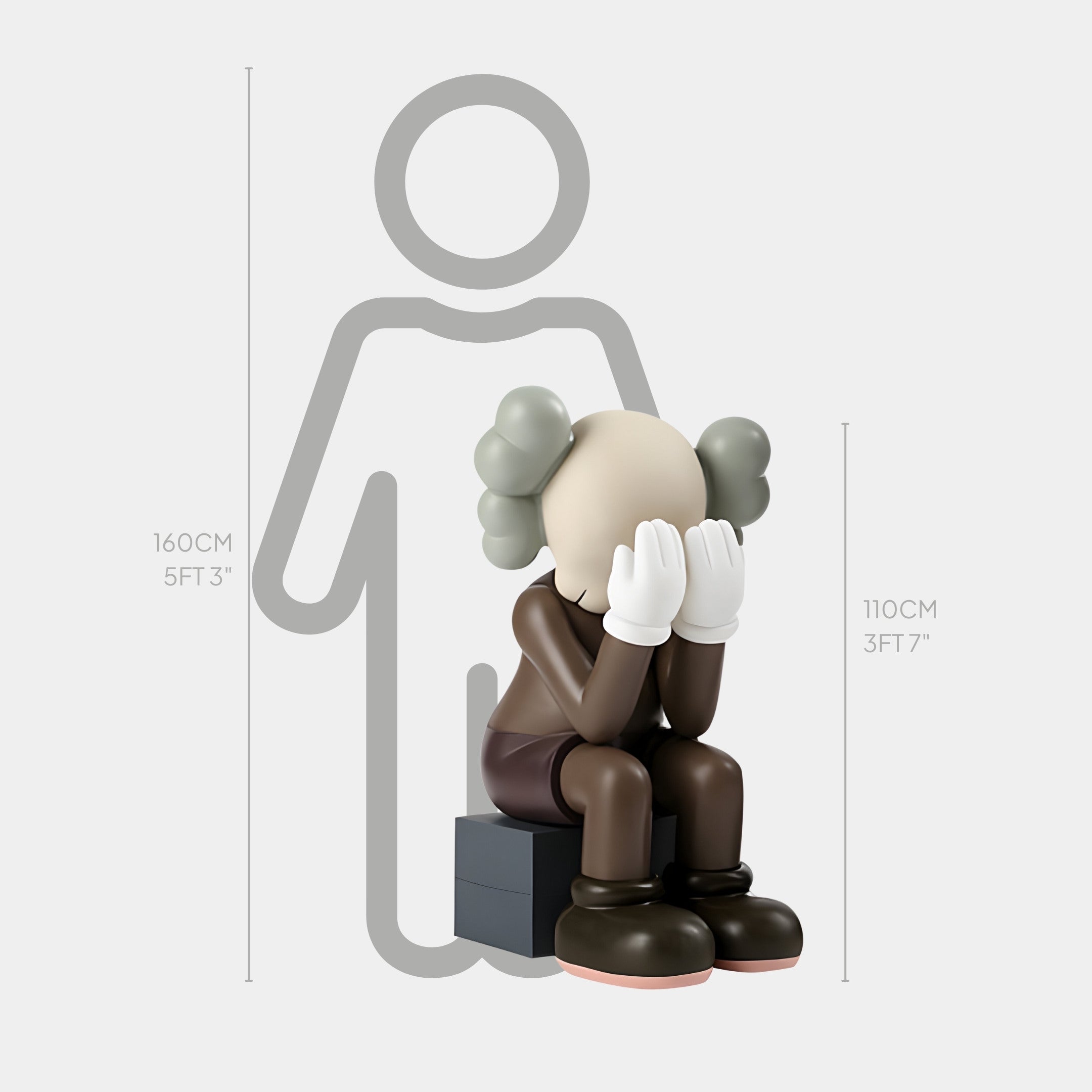 The 110 cm Hazelnut Brown Iconify Melancholy Sitting Sculpture by Giant Sculptures features a cartoon figure with a hazelnut brown face, gray hair, and white-gloved hands covering its eyes while sitting on a black cube. It has an emotional depth indicated by a faint larger outline reaching 160 cm.