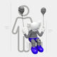 The 3D illustration depicts the Deep Blue Iconify Mime Sitting Sculpture by Giant Sculptures, showcasing a character with a featureless face in a black and white striped outfit with blue shoes. The mime, holding striped balloons, is set against a height comparison chart indicating 110 cm (3 ft 7 in).