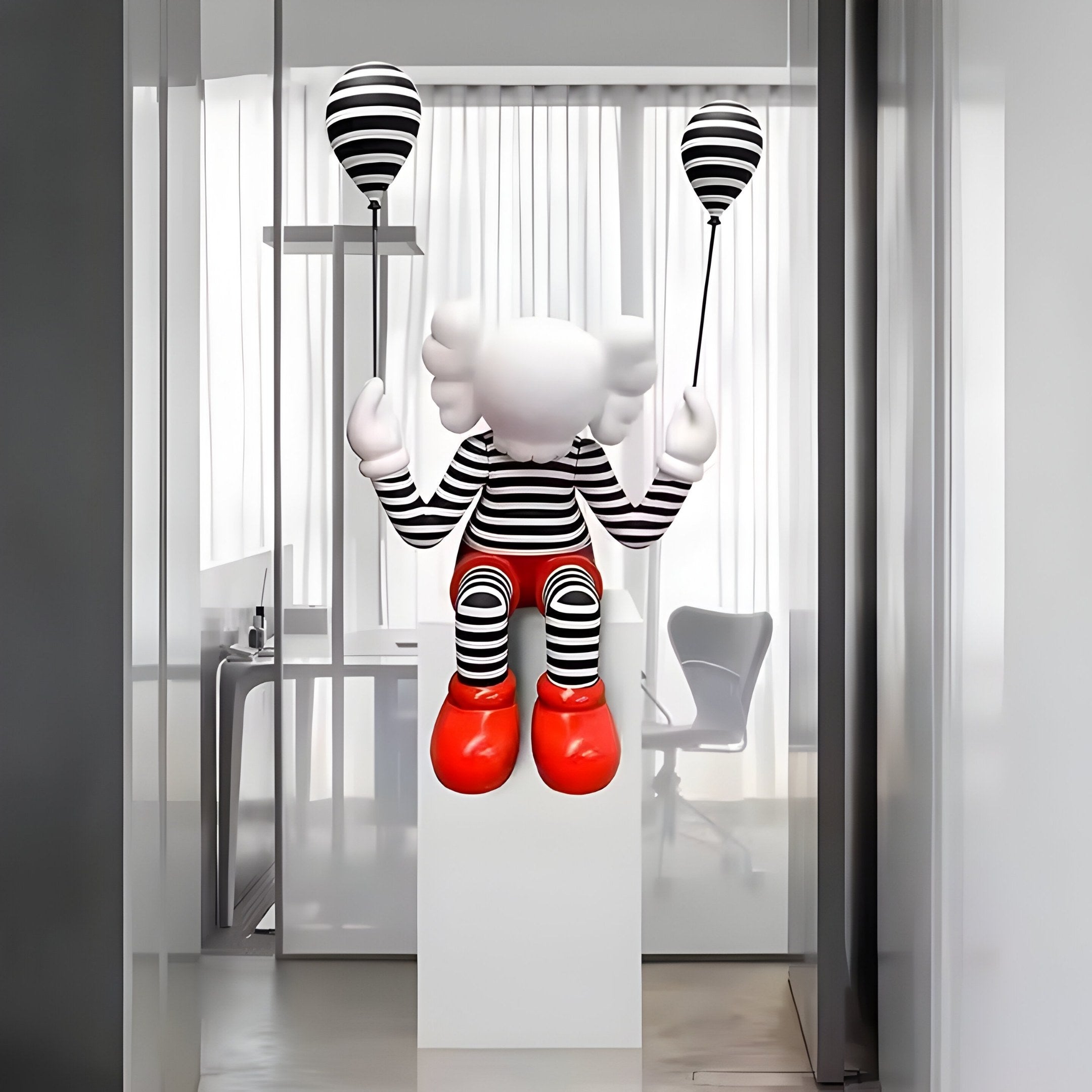 The whimsical Lustrous Red Iconify Mime Sitting Sculpture by Giant Sculptures features rounded white accents, striped black-and-white arms, and oversized red shoes, holding two balloons. Its ideally placed on a pedestal in a modern glass-walled room with an office chair visible.