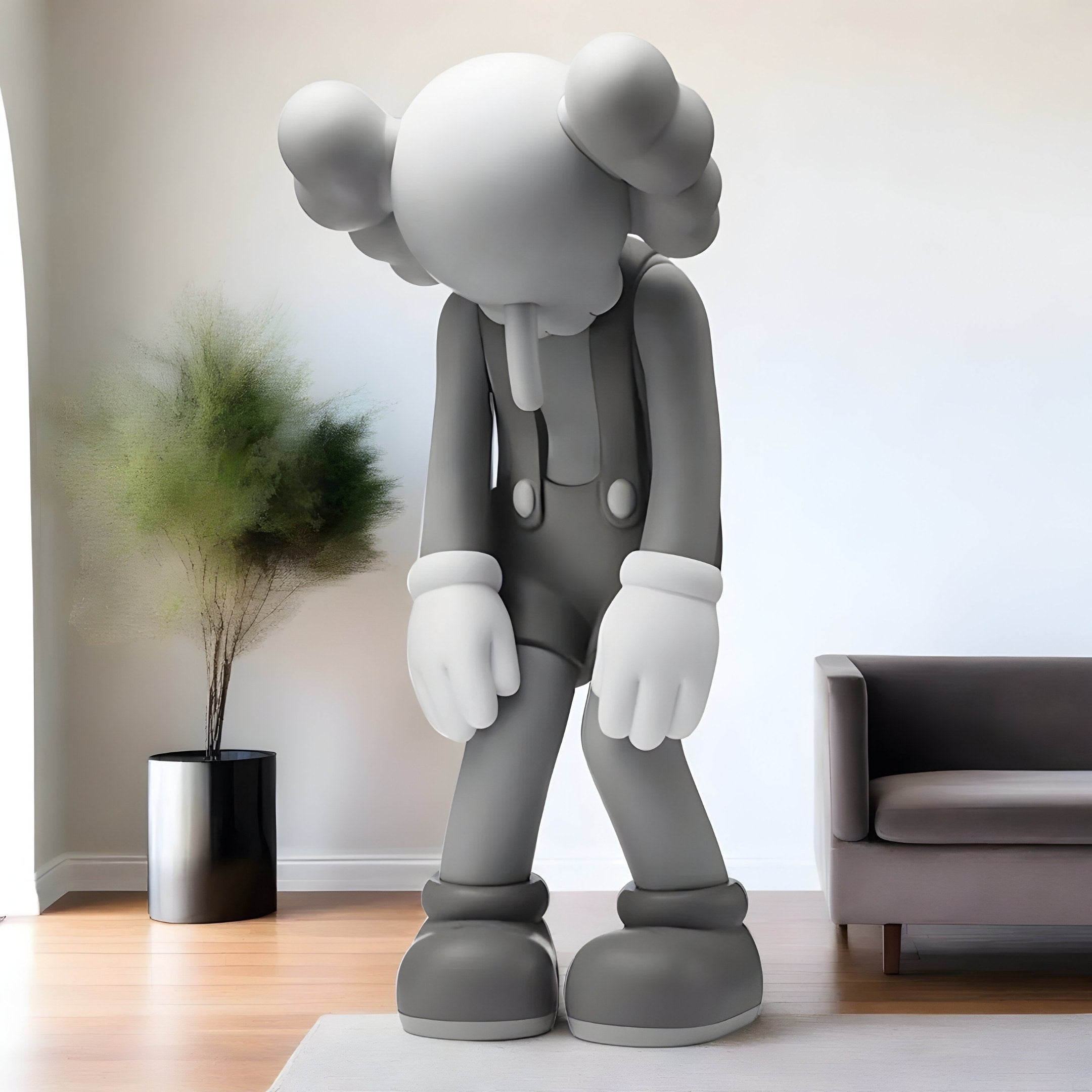 In a modern living room, the Steel Grey Iconify Burden Sculpture - 130cm by Giant Sculptures stands tall. This introspective piece with X eyes, crossed ears, and gloved hands leans forward with hanging arms, complemented by a gray sofa and potted plant in the contemporary background.