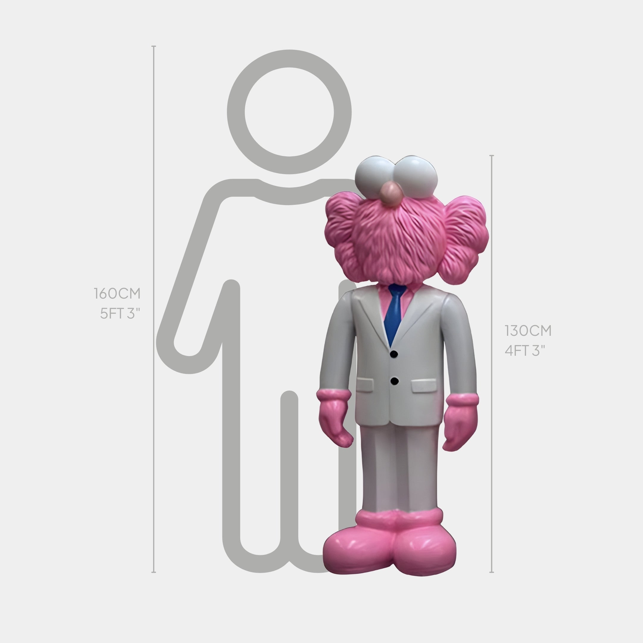 The White Suit Iconify CEO Sculpture by Giant Sculptures is a modern masterpiece at 130 cm, featuring a pink executive figure in a white suit and blue tie beside a 160 cm gray silhouette, effortlessly capturing attention.