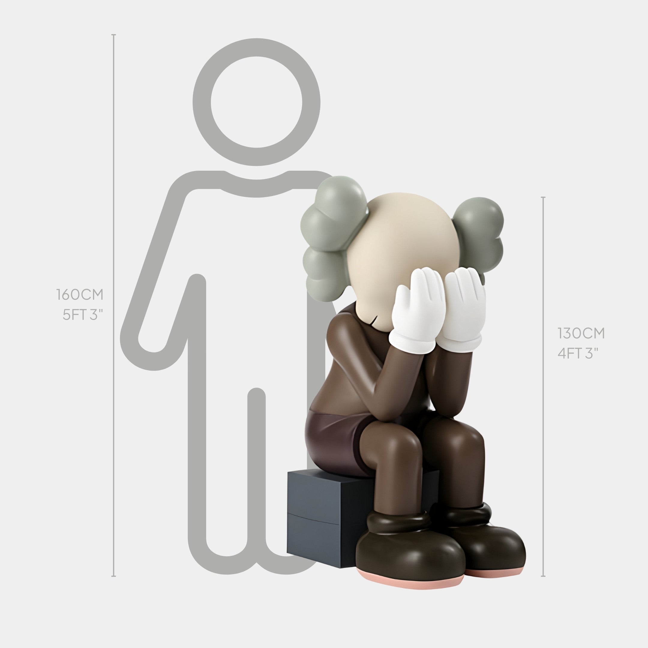 The Hazelnut Brown Iconify Melancholy Sitting Sculpture by Giant Sculptures is a contemporary art piece featuring a 130 cm tall figure with cartoonish features, seated on a black block, with an outline extending 160 cm behind it.