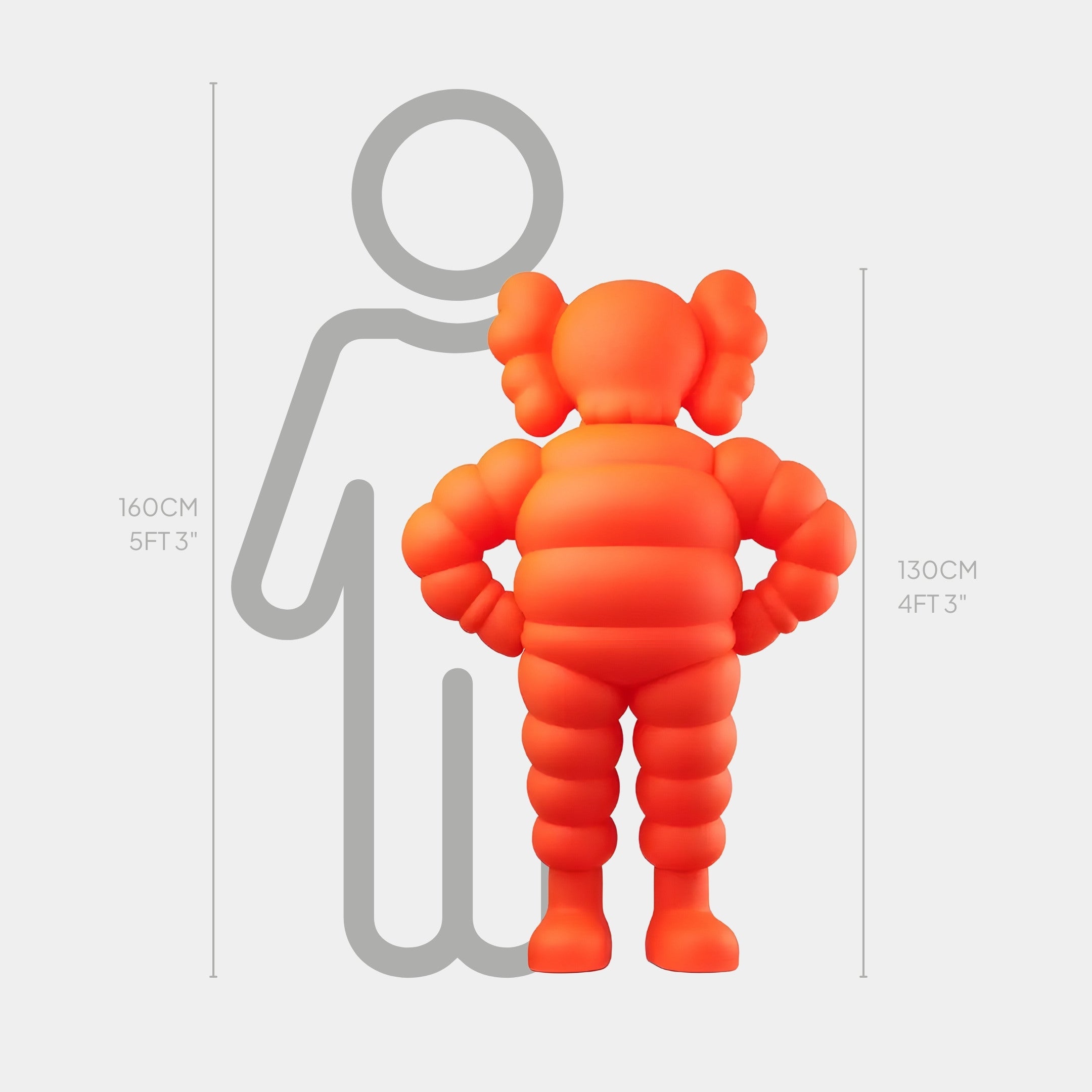 The Fiery Orange Iconify Rollo Warrior Sculpture by Giant Sculptures, standing 130 cm tall, is showcased against a gray outline of a 160 cm human for size comparison.