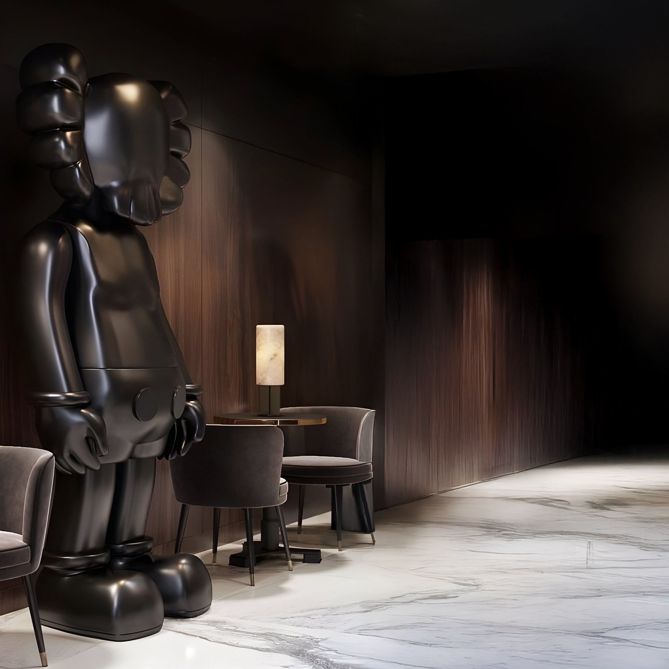 In an elegant, dimly lit room with dark wooden walls, the Midnight Black Iconify Standing Sculpture by Giant Sculptures stands as a beacon of modern elegance. Two gray velvet chairs and a small table with a lamp nearby on the glossy marble floor complete the contemporary interior.