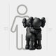 The Obsidian Black Iconify Embrace Sculpture by Giant Sculptures features two dark, cartoonish figures with X eyes hugging beside a height chart. One is 135cm (4ft 5in), while a sketch of a 160cm (5ft 3in) person looms in the background, showcasing modern art elements.