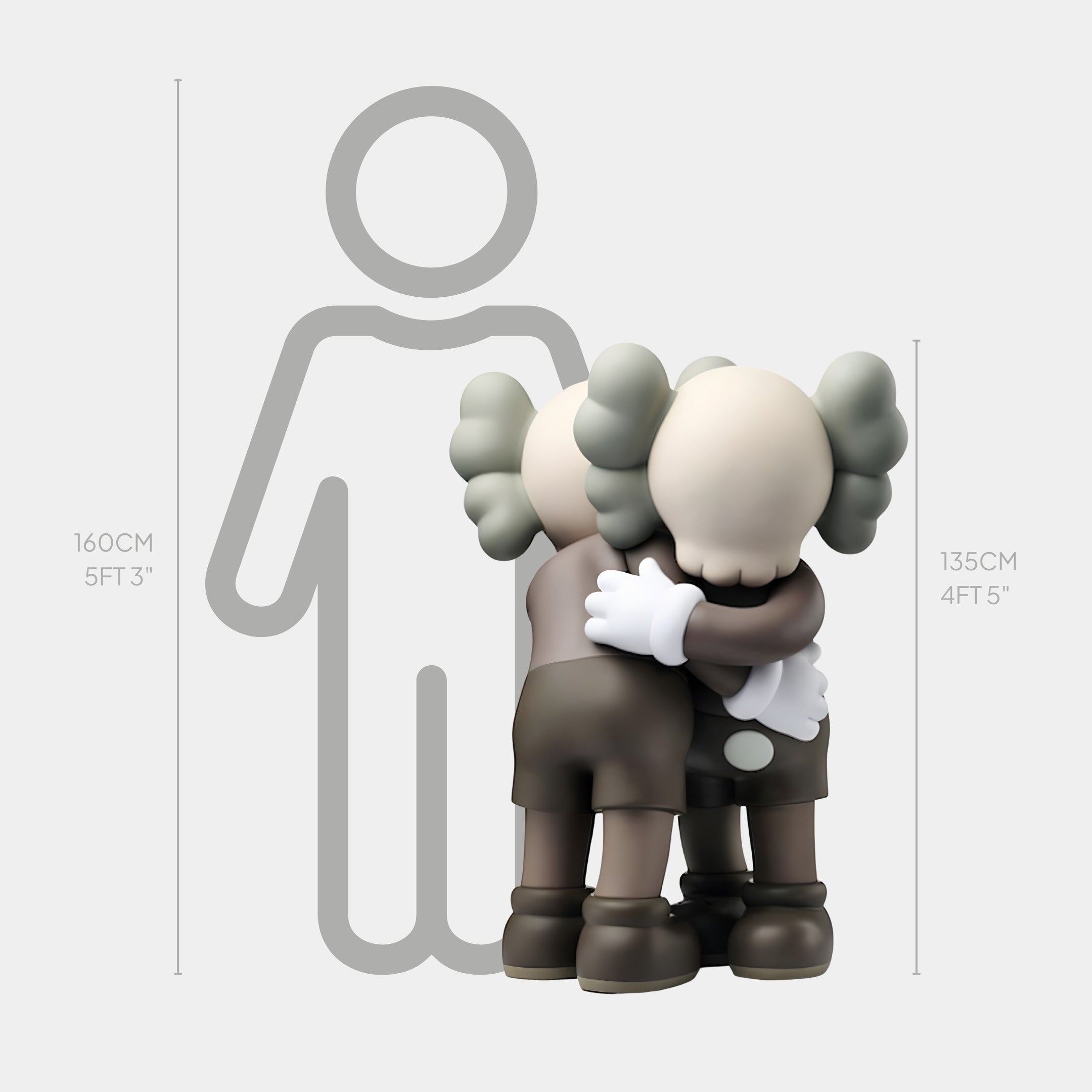 The Hazelnut Brown Iconify Embrace Sculpture by Giant Sculptures features two figurines with crossed-out eyes at 135cm tall, a contemporary design that emphasizes human connection against a backdrop outlining a 160cm figure.