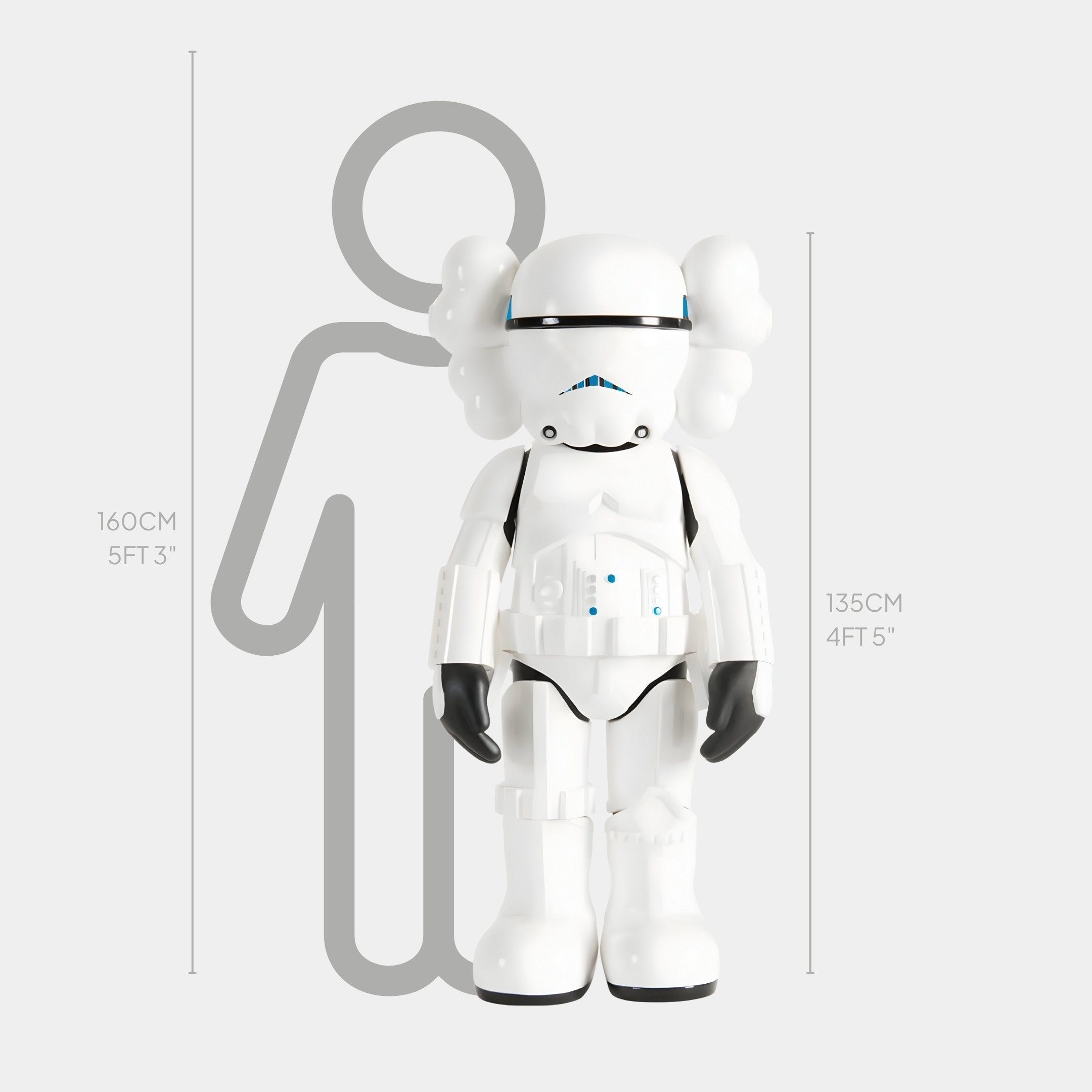 The Giant Sculptures Black Iconify Enforcer Sculpture, a white toy figure inspired by stormtroopers, has a modern design with black and blue detailing. Made of high-quality resin, it stands 135 cm (4 ft 5 in) tall next to a silhouette measuring 160 cm (5 ft 3 in).