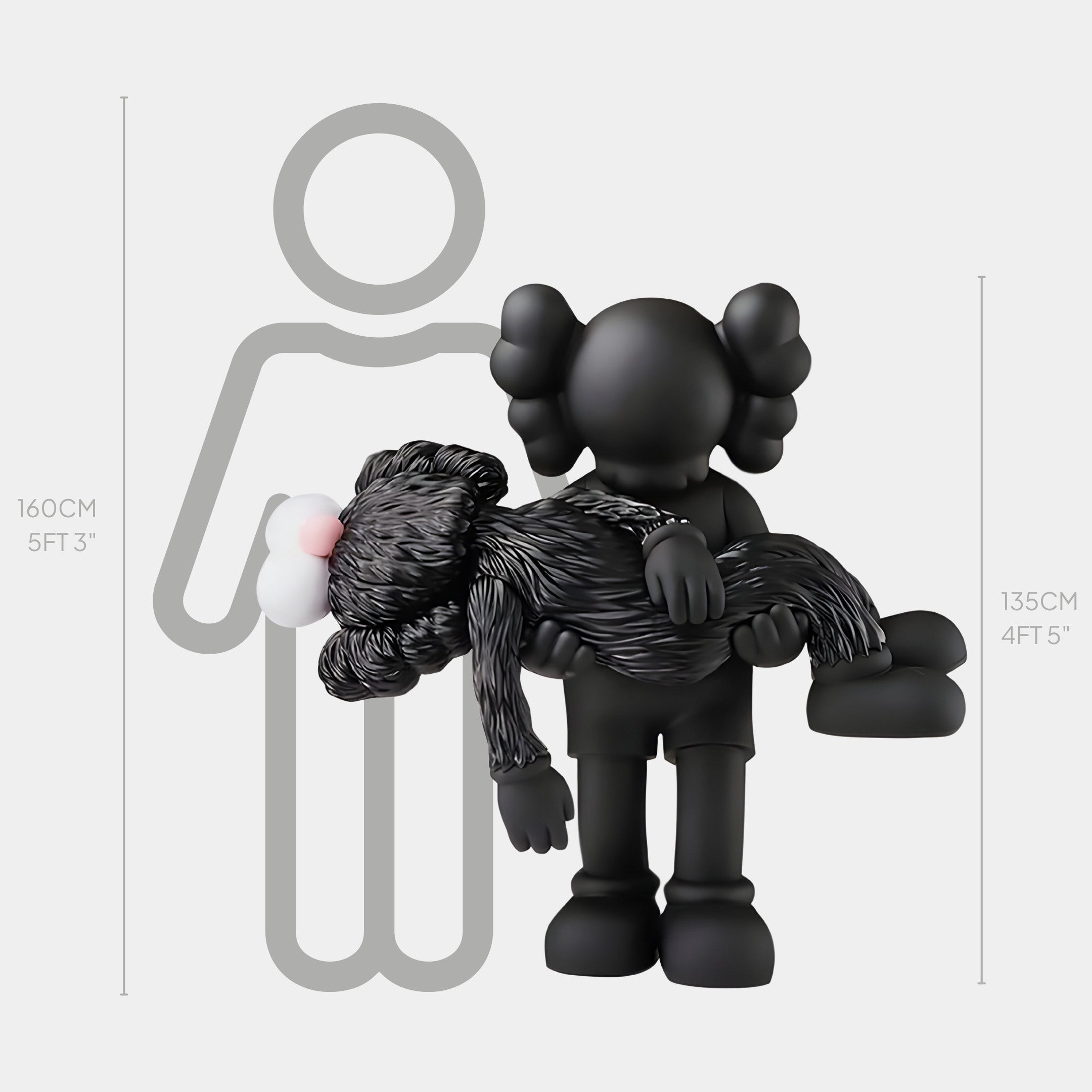 The Obsidian Black Iconify Rescuing Furry Sculpture by Giant Sculptures portrays a large figure (160 cm) cradling a smaller one (135 cm) with crossed-out eyes, both crafted from high-quality resin.