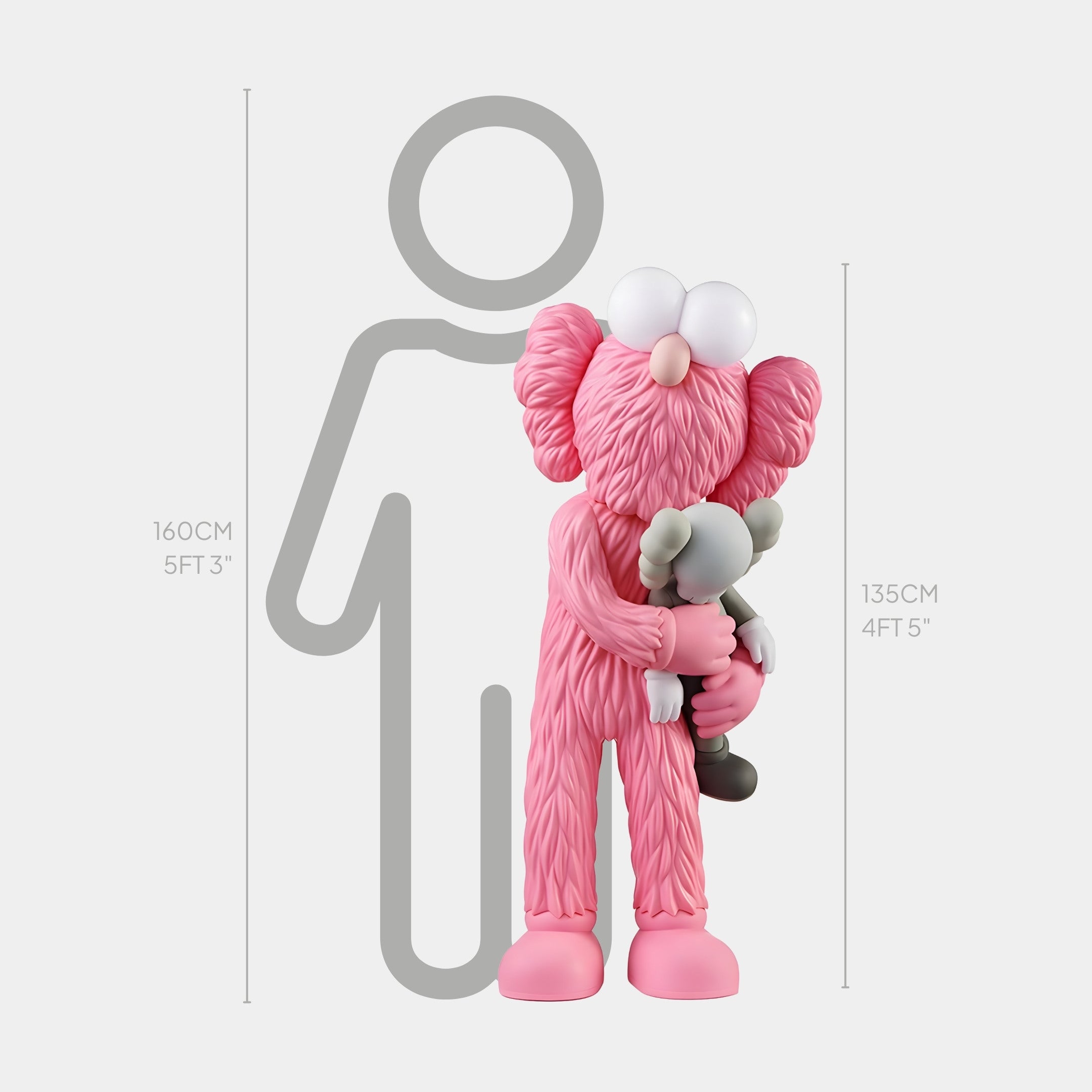 The Petal Pink Iconify Loving Furry Sculpture by Giant Sculptures, standing at 135cm, depicts a loving furry character with round eyes embracing a smaller grey figure. For size comparison, it is shown alongside the silhouette of a 160cm person.