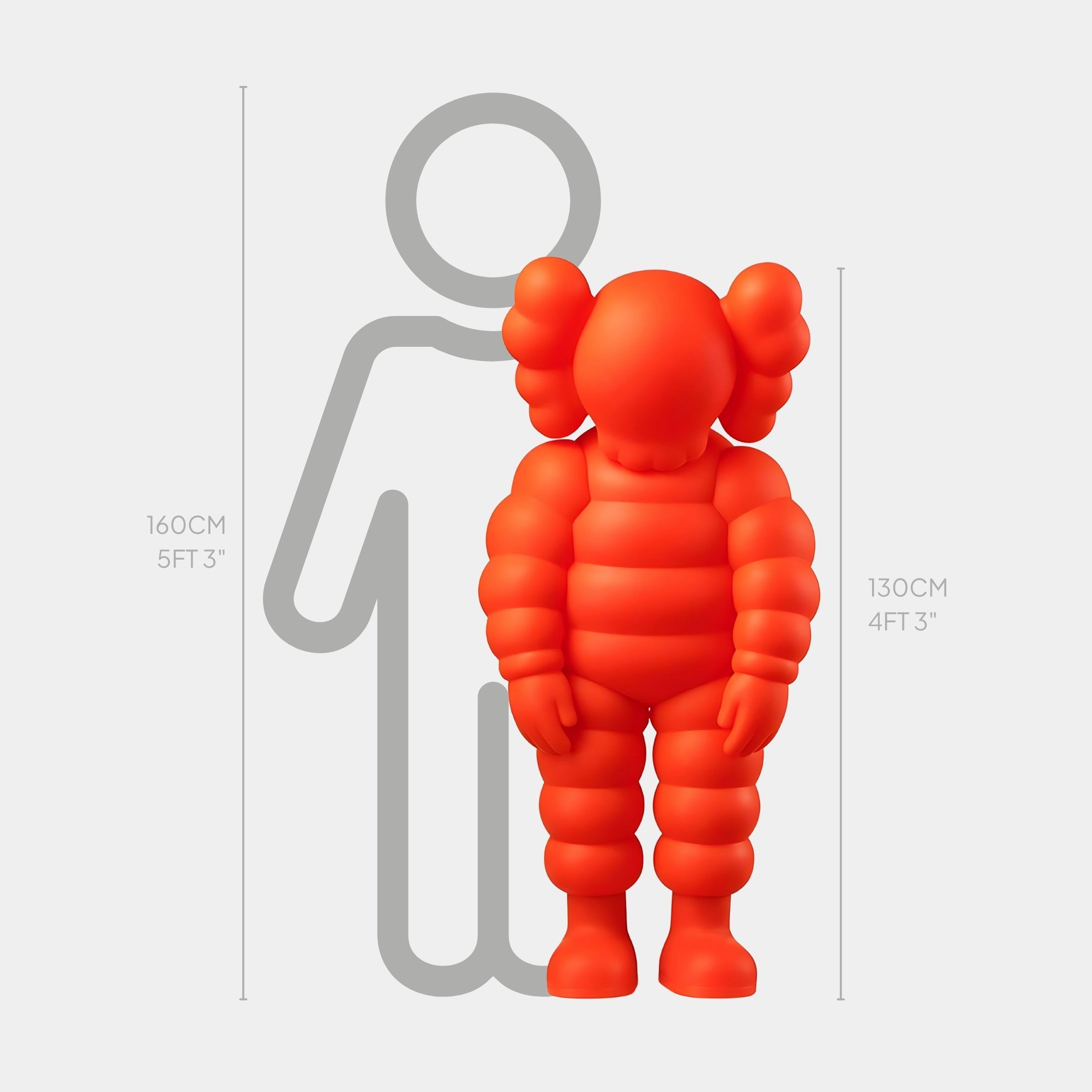 A bold, red figure with round features and ear-like shapes stands beside a 160cm silhouette for height comparison. This resin piece, the Fiery Orange Iconify Rollo Sculpture by Giant Sculptures, is 130cm tall.