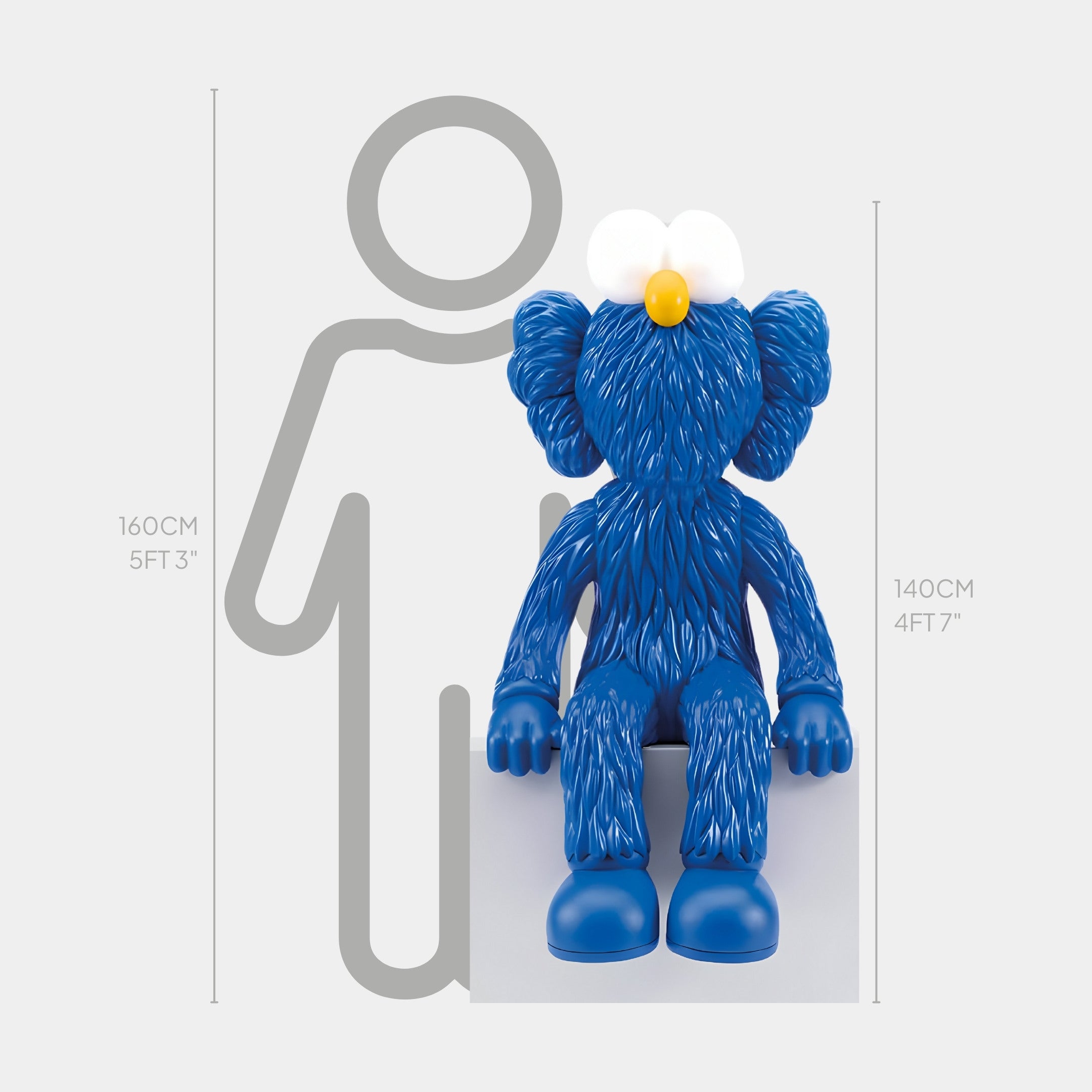 A Deep Blue Iconify Furry Sitting Sculpture by Giant Sculptures, with a blue fur body, yellow nose, and white eyes, stands 140 cm (4 ft 7 in) next to a gray human silhouette of 160 cm (5 ft 3 in), capturing contemporary pop art charm.