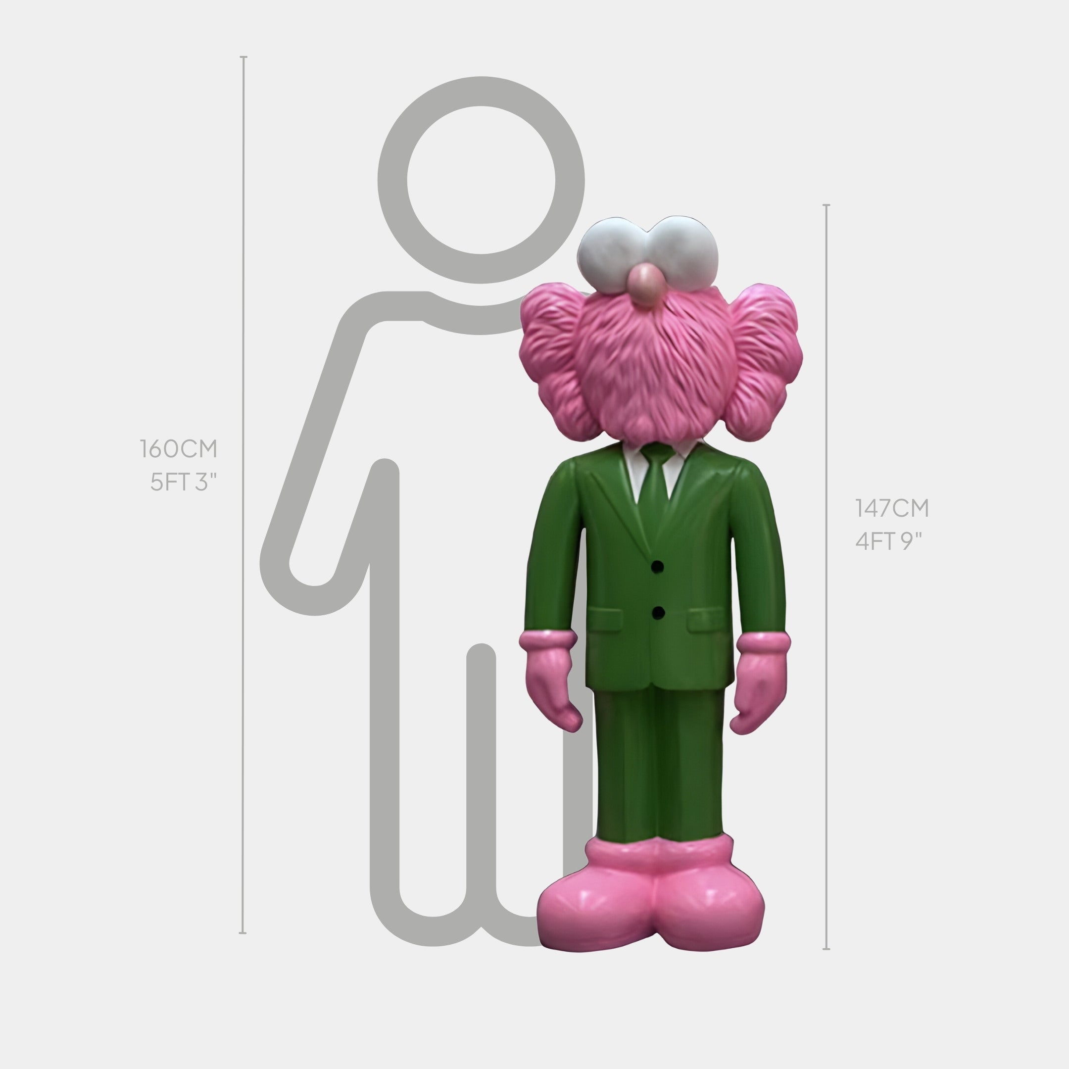 The Forest Green Suit Iconify CEO Sculpture by Giant Sculptures stands 147 cm tall. This pink, cartoonish figure with big eyes is juxtaposed against a gray outline of a 160 cm person, making it an intriguing piece of modern artistic expression.