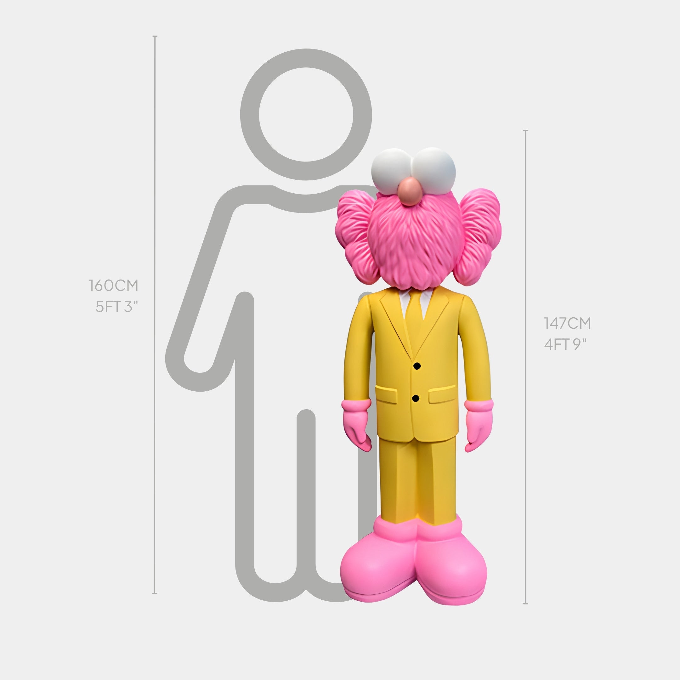 The Sunbeam Yellow Suit Iconify CEO Sculpture by Giant Sculptures features a pink cartoon figure in a modern pop art style, standing before a 160 cm gray outline of a human. The resin sculpture itself measures 147 cm tall.