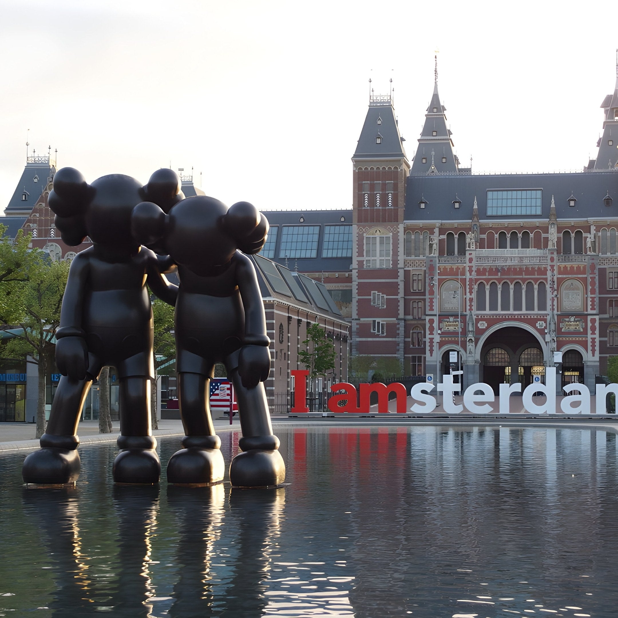 Two Midnight Black Iconify Friendship Sculptures - 150cm by Giant Sculptures are positioned by a reflective pool with the Rijksmuseum behind them. The I amsterdam sign is partially hidden under a cloudy sky by these sculptures.