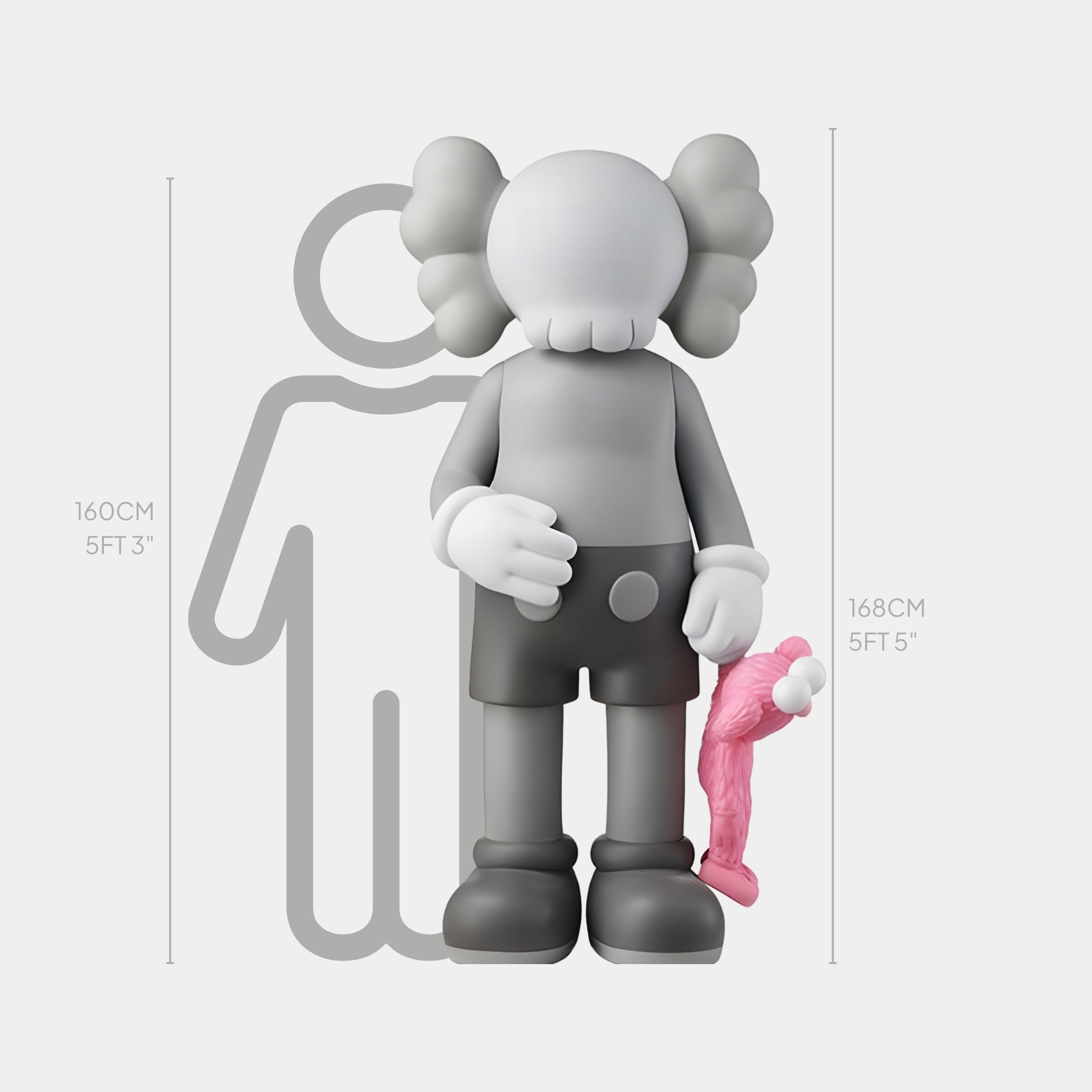 The Soft Grey Iconify Pink Furry Toy Sculpture by Giant Sculptures stands 168 cm tall with a round head, cross eyes, and gloved hands. A silhouette in the background compares its height to 160 cm, emphasizing its contemporary design.