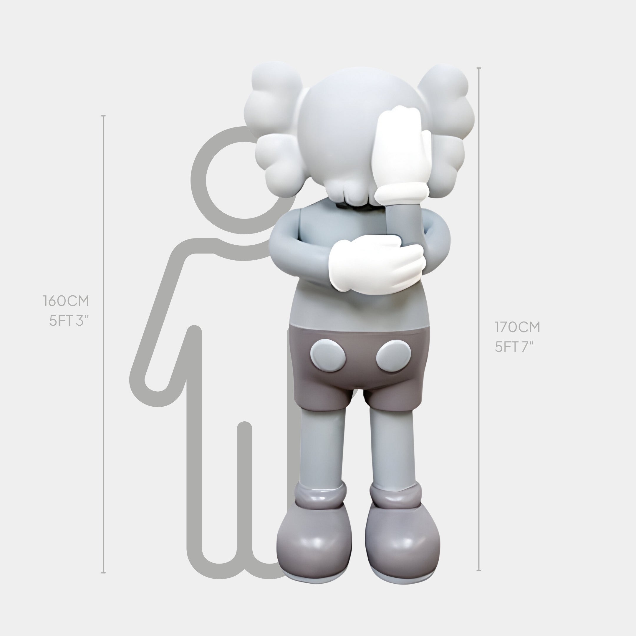 The Soft Grey Iconify IV Dance Sculpture by Giant Sculptures features a gray minimalist figure, large shoes, and white gloves covering its face with one hand. Standing 170 cm tall, it evokes the charm of dance next to height markers of 160 cm and 170 cm.