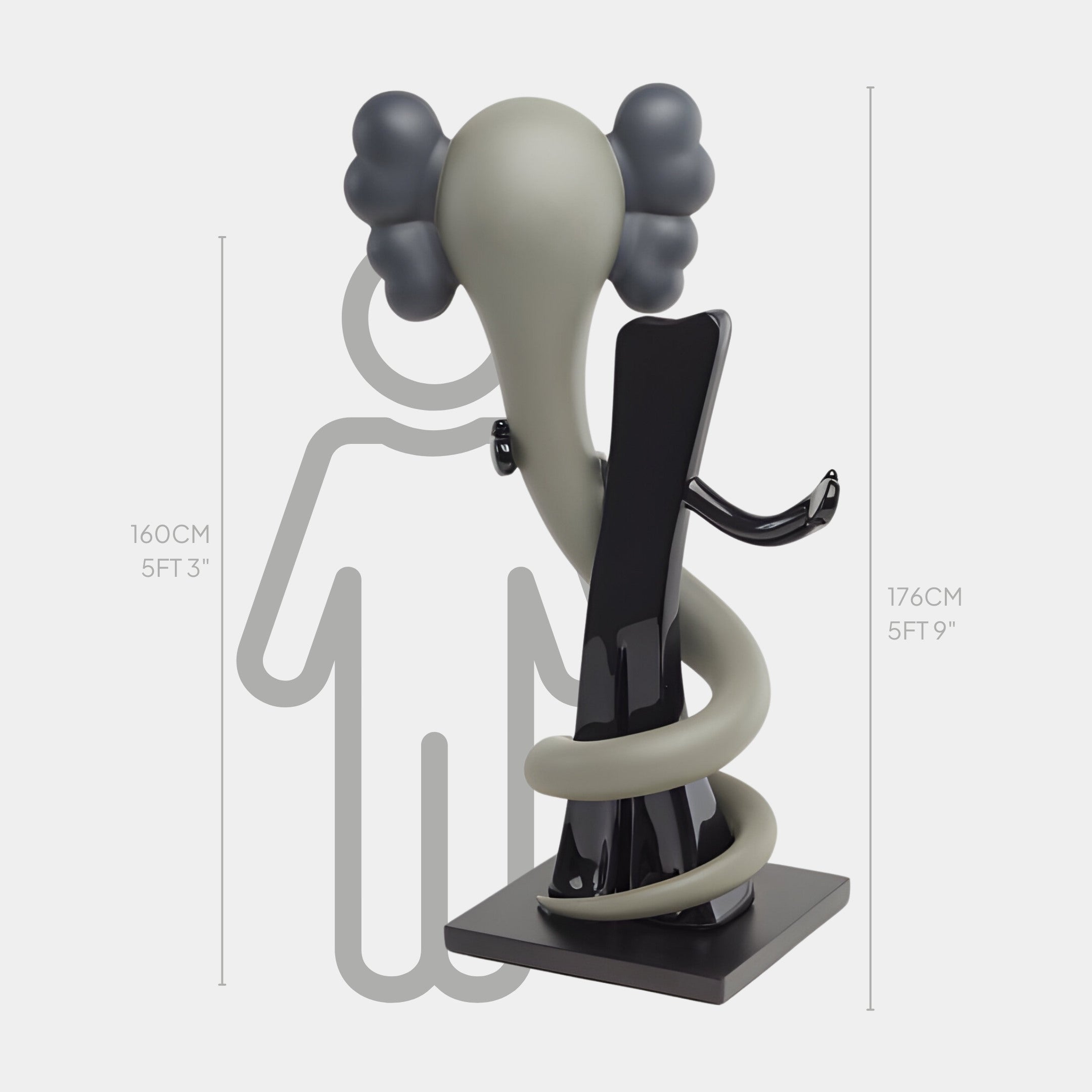 The Ash Grey Iconify Snake Sculpture by Giant Sculptures is a surreal, resin-based piece noted for its elongated, abstract form with black accents resembling an elephant. Standing at 176 cm (5 ft 9 in), it rests on a sleek black base.