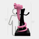 The Giant Sculptures Petal Pink Iconify Snake Sculpture, a 176 cm resin masterpiece, elegantly combines a tall pink curvy form with a vertical black element on a pedestal, towering over a 160 cm figure silhouette.