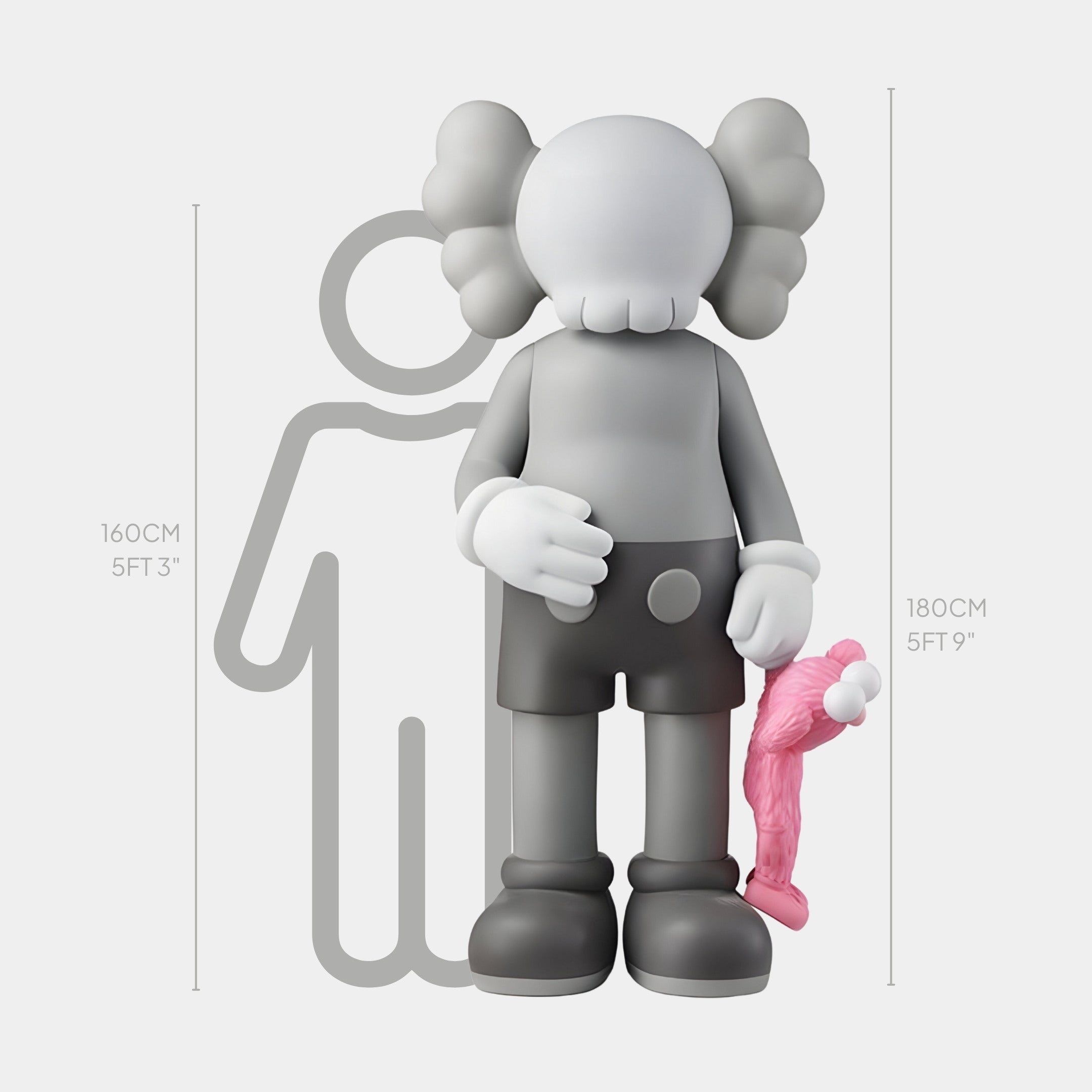 The Soft Grey Iconify Pink Furry Toy Sculpture by Giant Sculptures is a cartoon-like figure with X eyes and gloves, holding a pink furry toy. This sculpture stands at 180cm (5ft 9in), featuring stylized ears and shorts, accompanied by a silhouette also showing 160cm (5ft 3in).