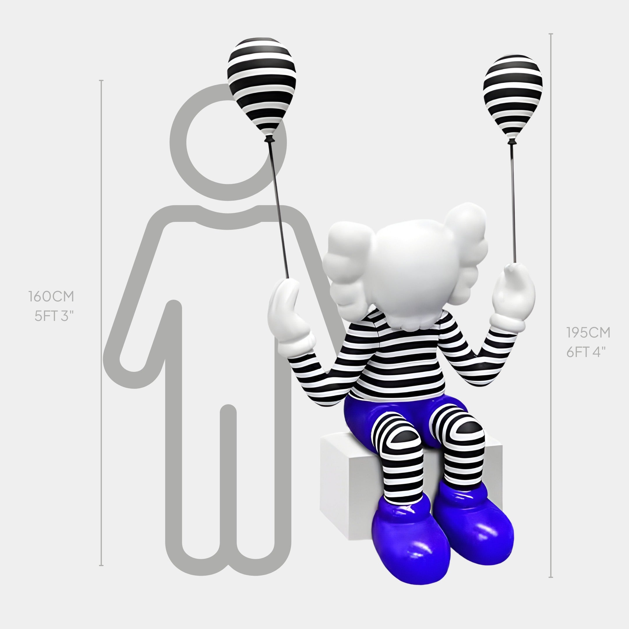 The Giant Sculptures Deep Blue Iconify Mime Sitting Sculpture - 195cm features a cartoon character with a white head, black and white striped outfit, and blue shoes on a block holding striped balloons. A gray silhouette with height markers from 160 to 195 cm in the background adds whimsy to the mime artistry.