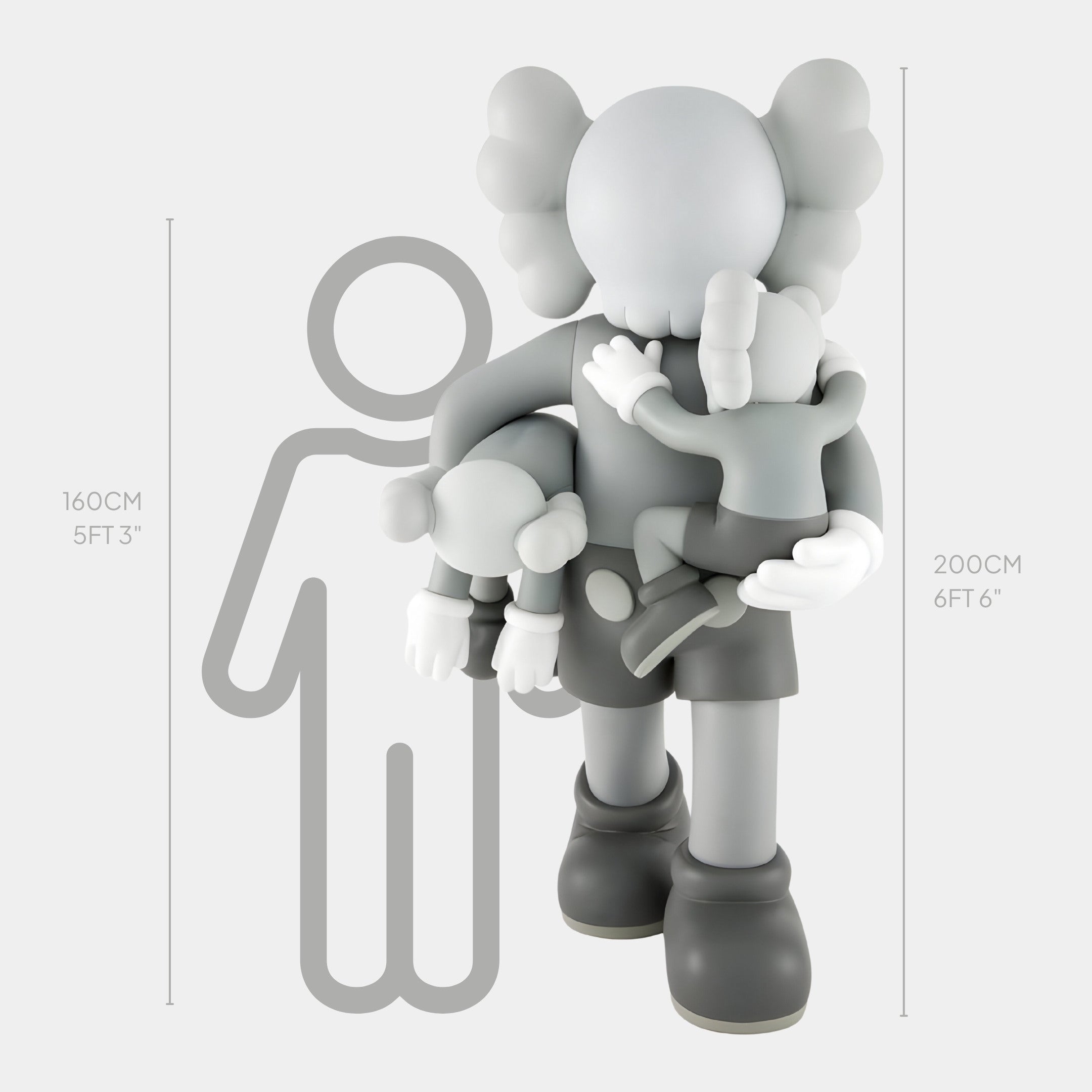 This 200cm Soft Grey Iconify Family Sculpture by Giant Sculptures features a large, cartoon-like figure holding two smaller ones, with a 160cm human figure for size comparison. It captures the essence of contemporary design in grayscale.